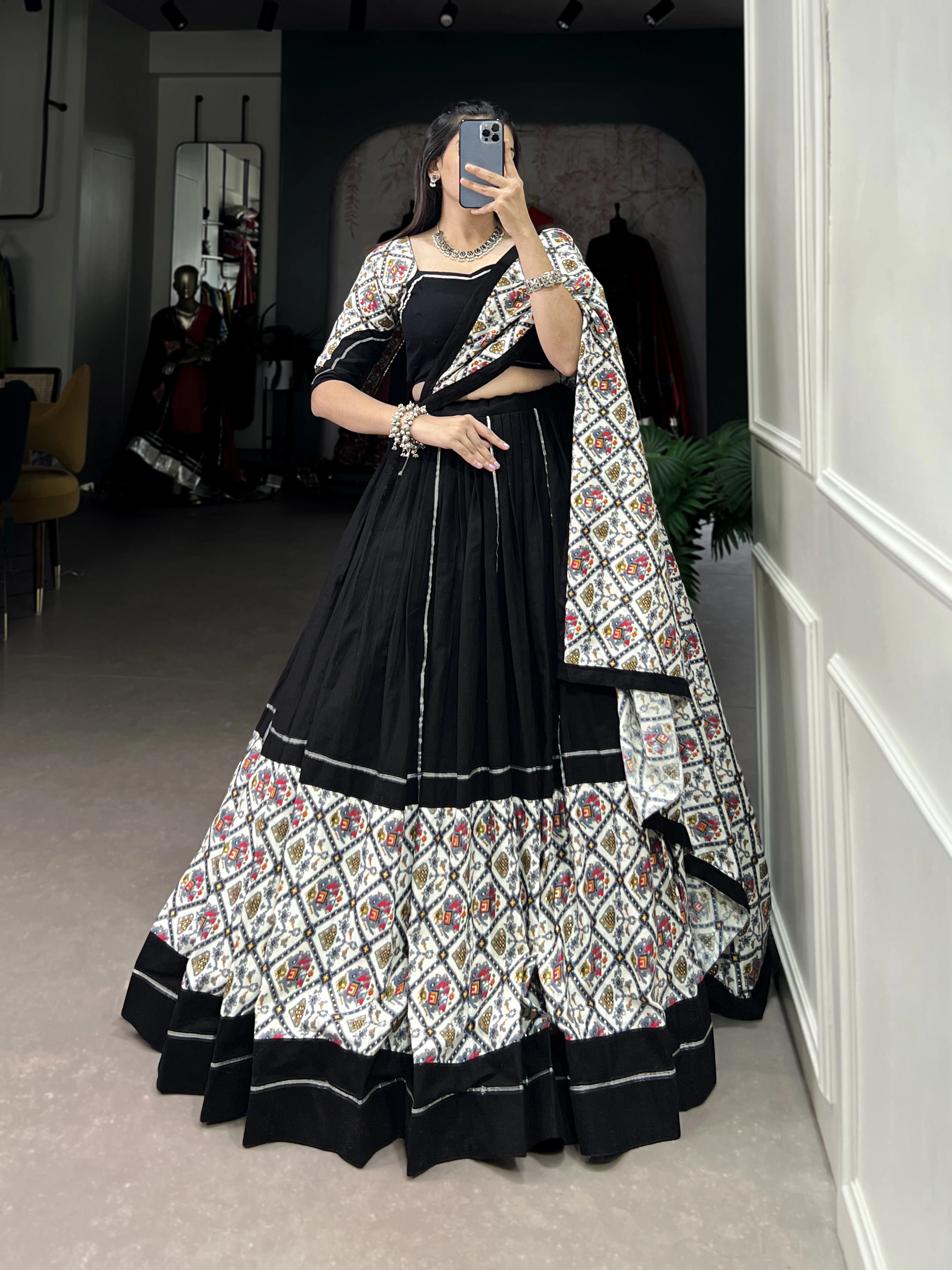 Plain And Foiled Patola Print With Gota Patti Touch Up-Black-2