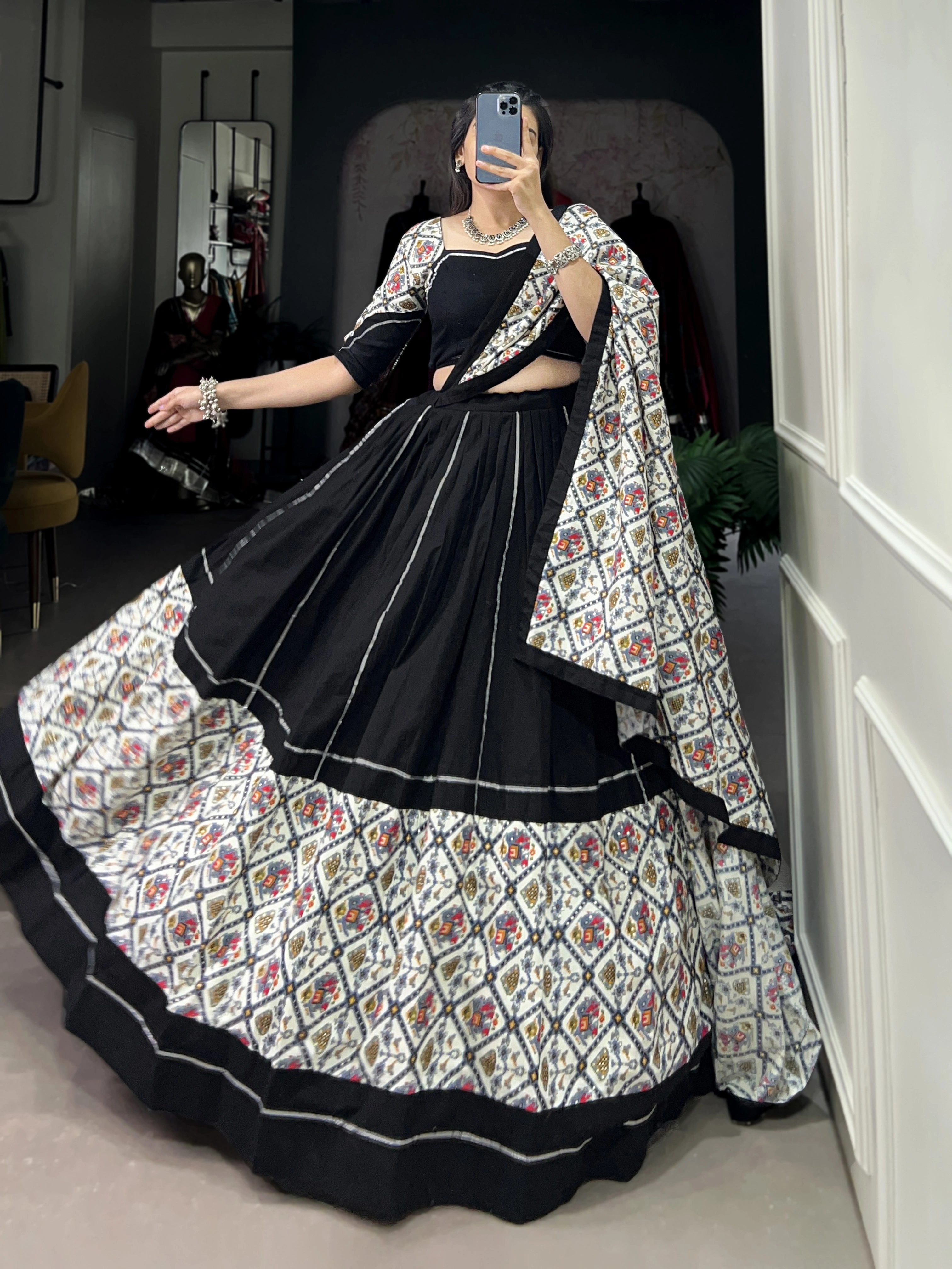 Plain And Foiled Patola Print With Gota Patti Touch Up-Black-4