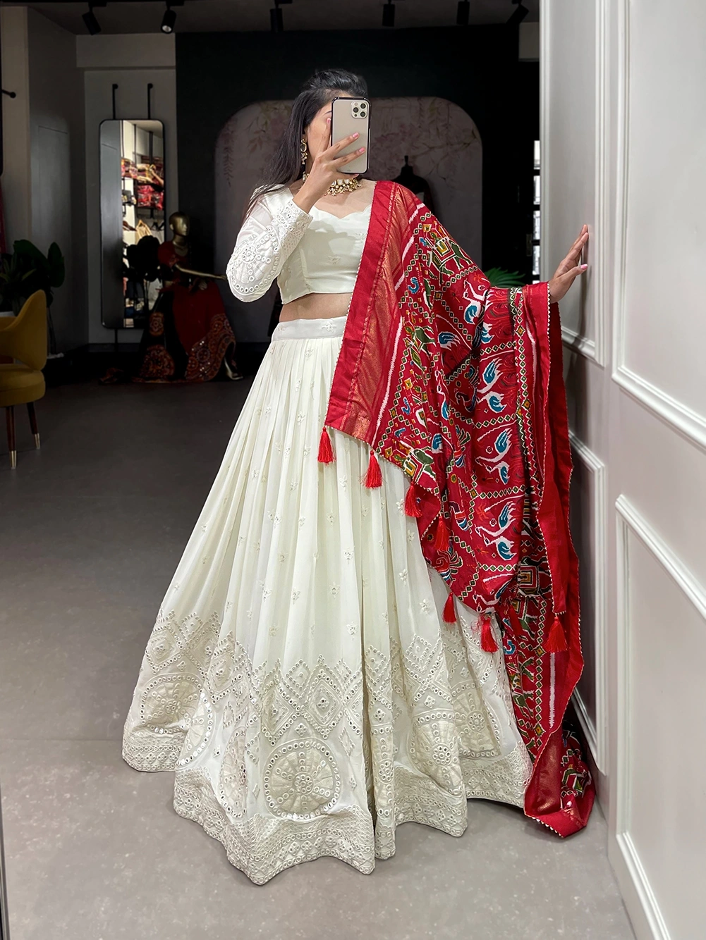 Experience timeless elegance with this beautiful lucknowi paper mirror work lehenga-Red-5