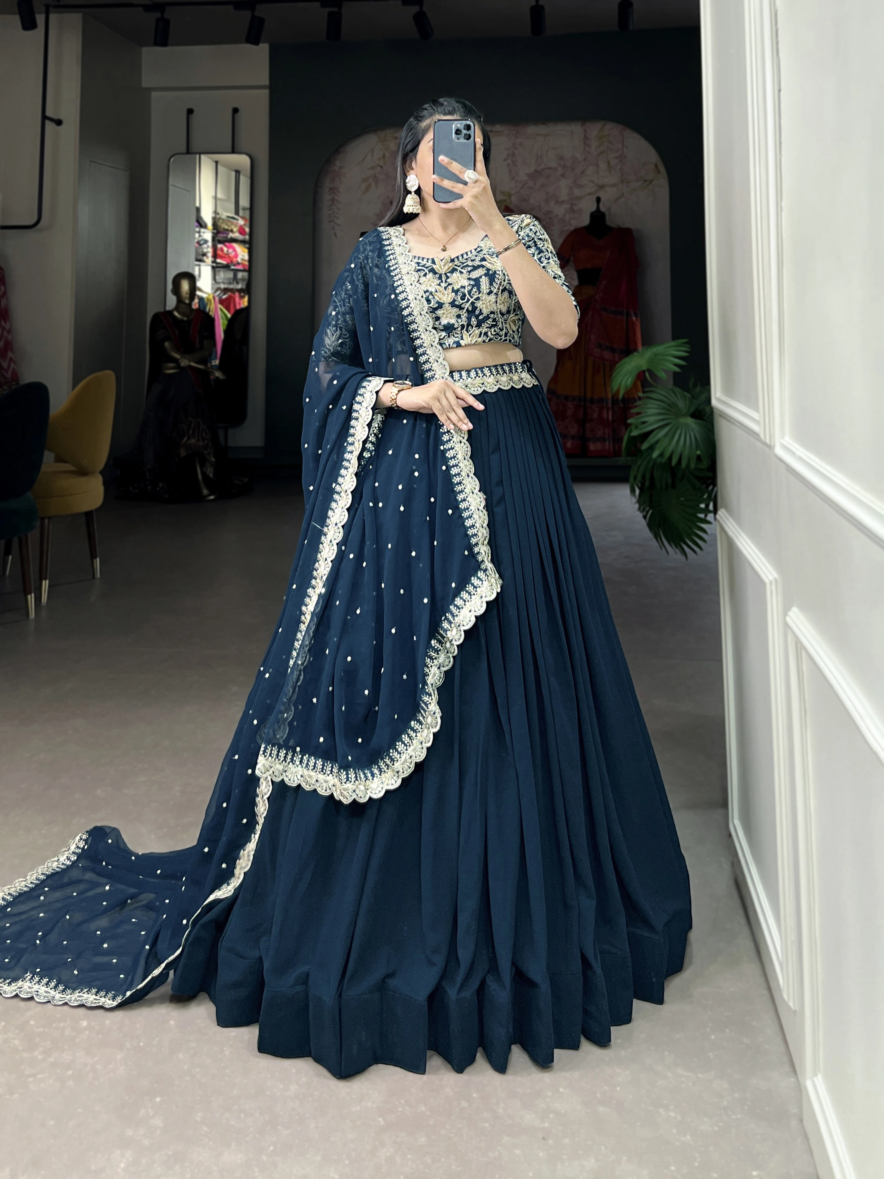 Georgette Lehenga Choli and an Intricately Embroidered Banglory Blouse-Blue-1