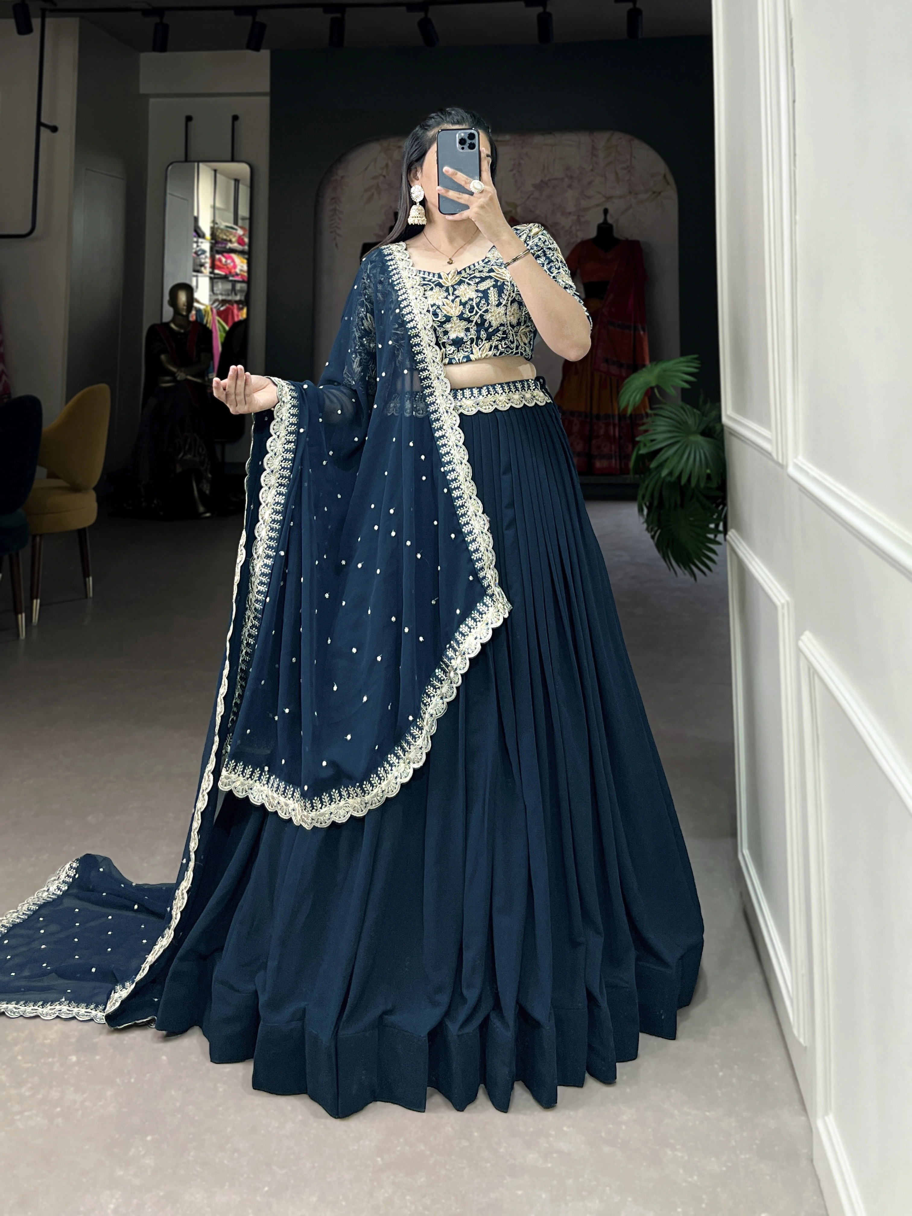 Georgette Lehenga Choli and an Intricately Embroidered Banglory Blouse-Blue-3