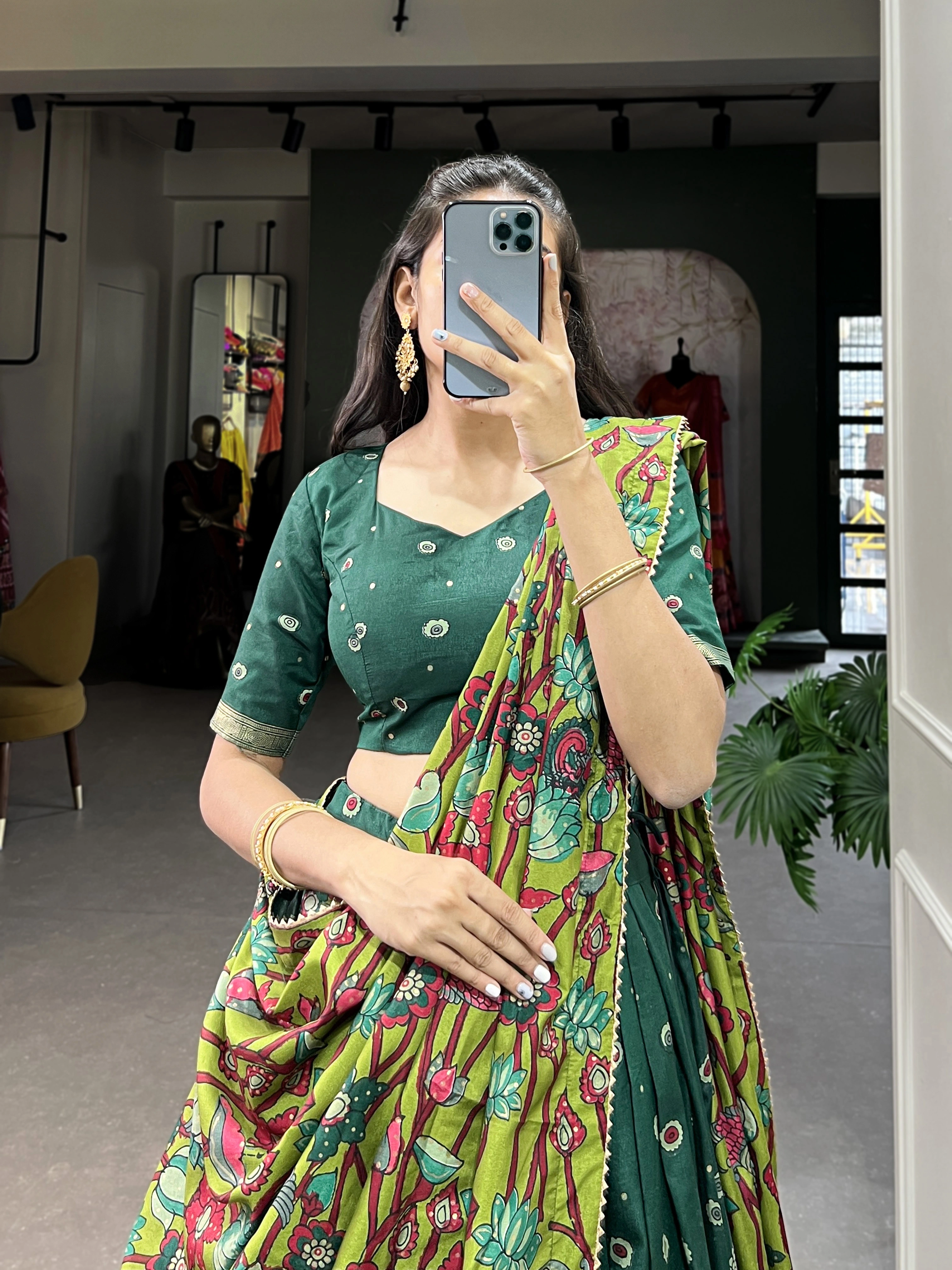 Tussar Silk Kalamkari Print Lehenga Choli-Green-1