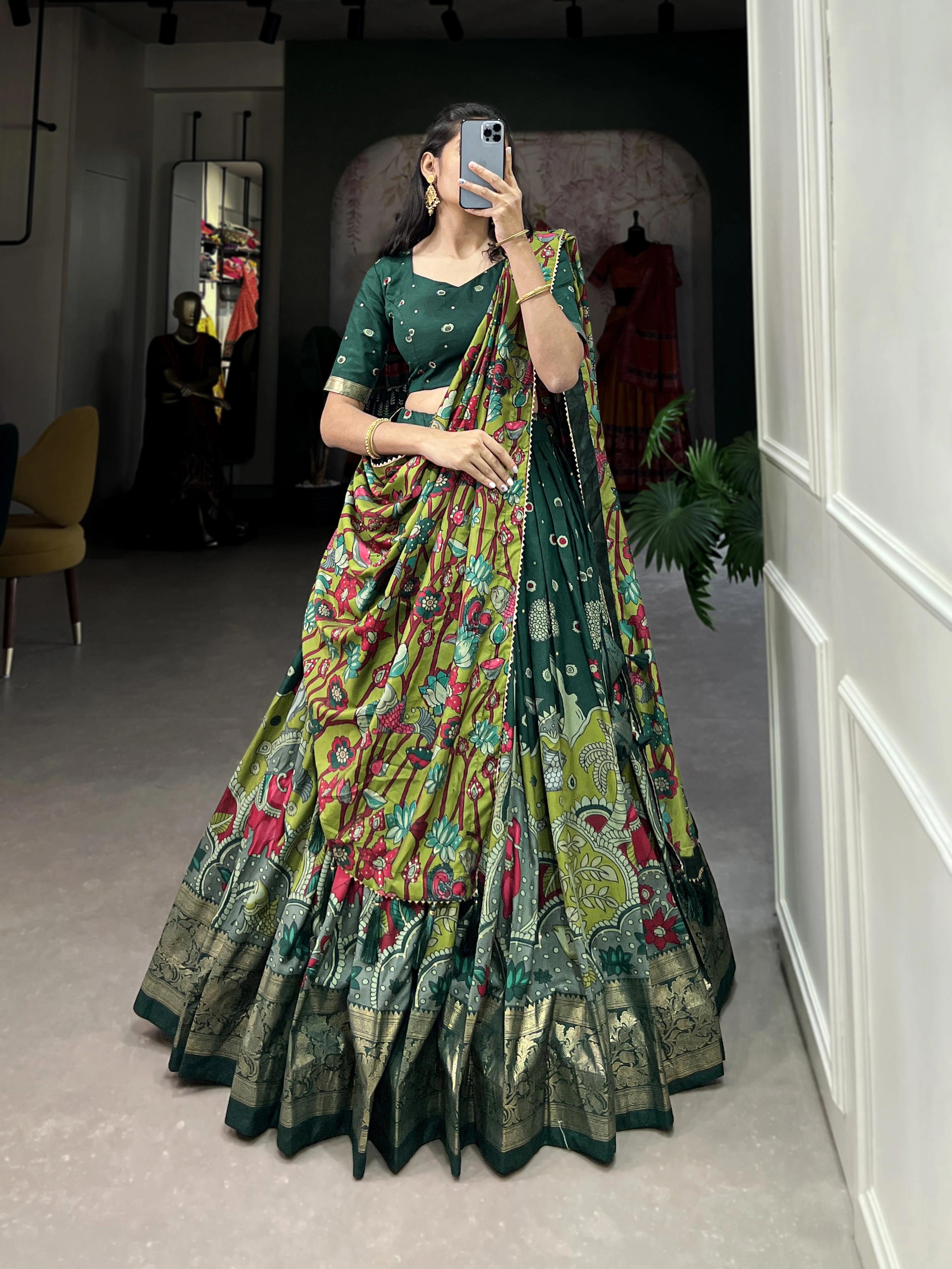 Tussar Silk Kalamkari Print Lehenga Choli-Green-2