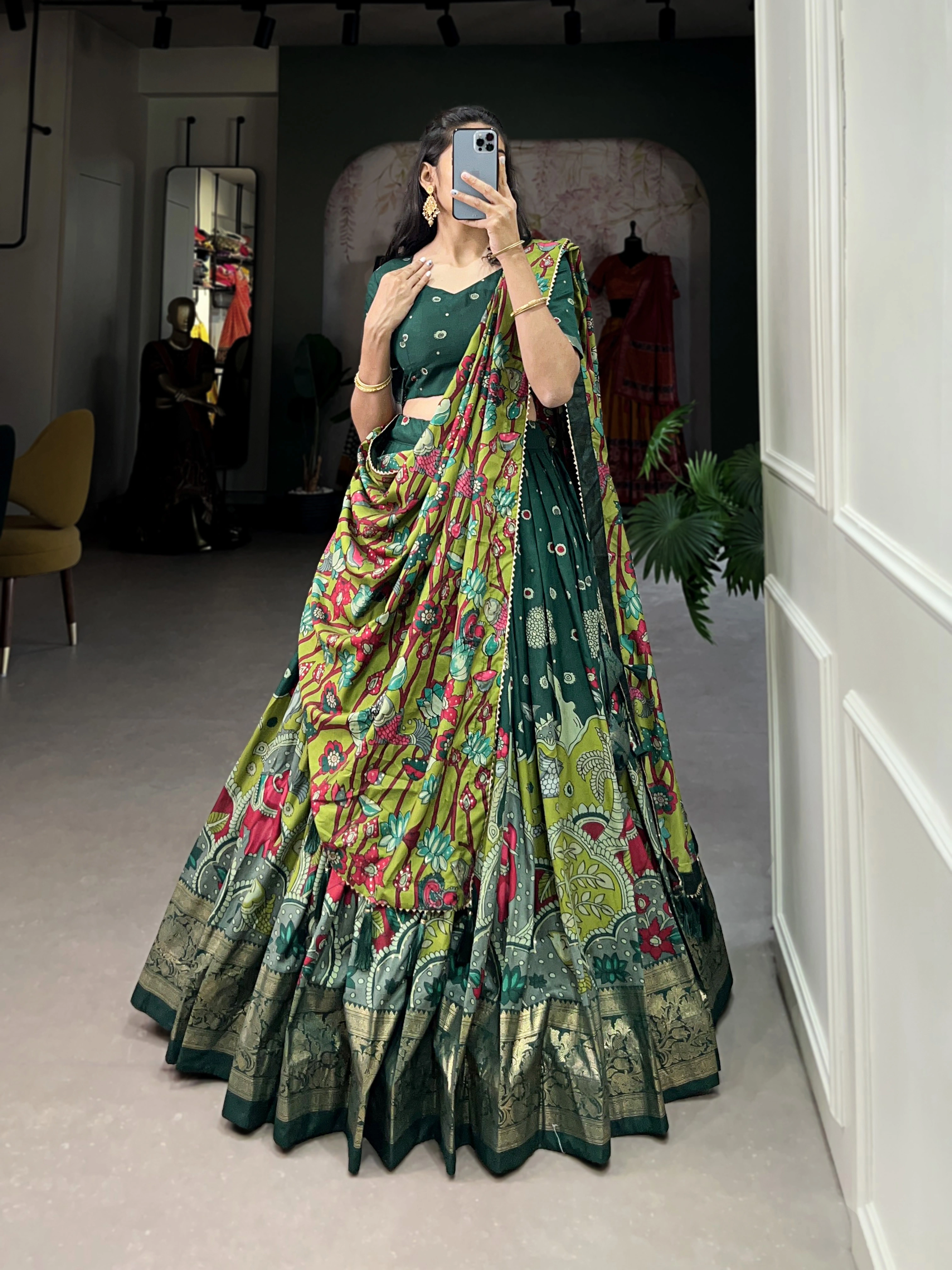 Tussar Silk Kalamkari Print Lehenga Choli-Green-4