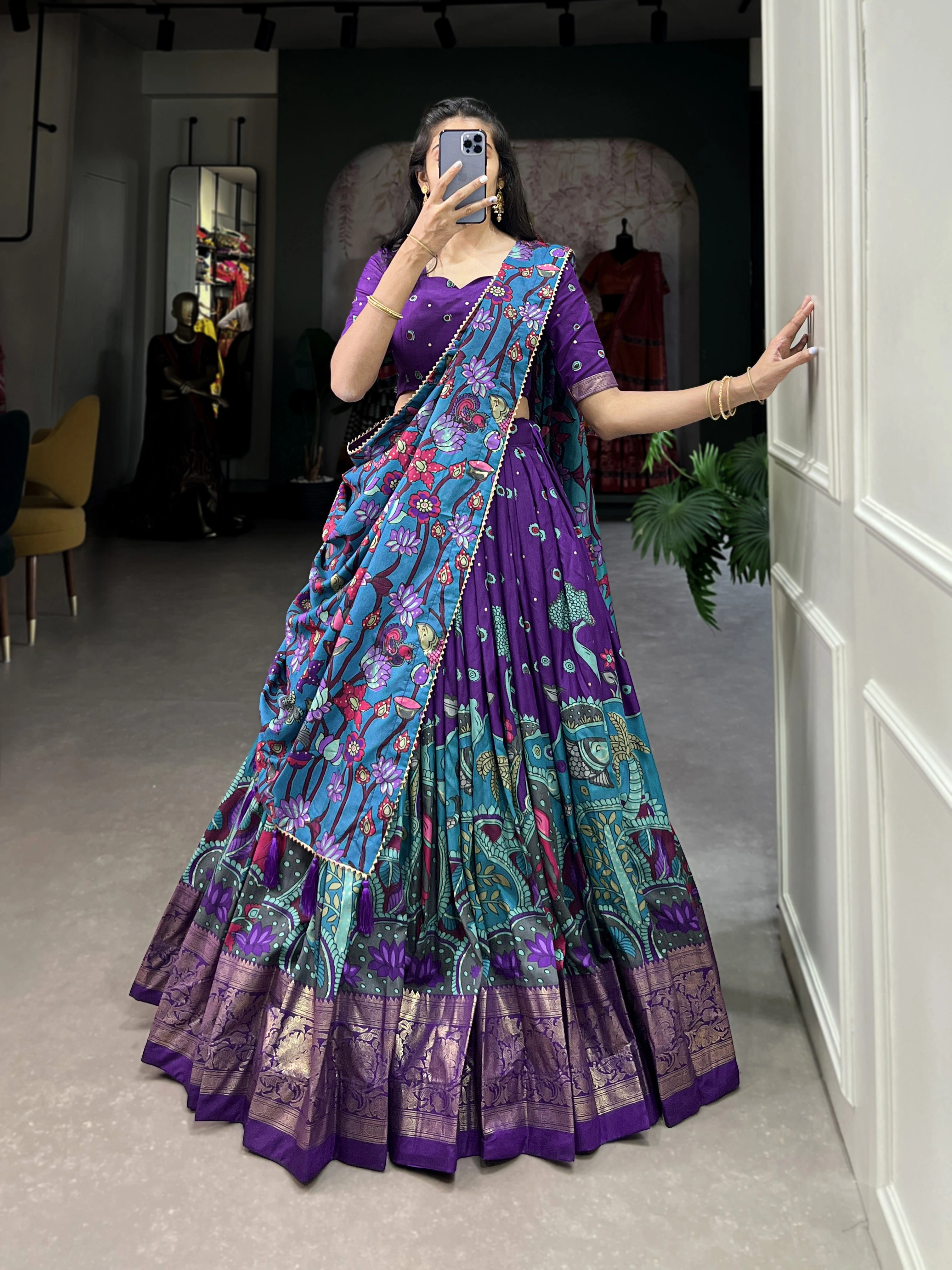 Tussar Silk Kalamkari Print Lehenga Choli-Purple-4