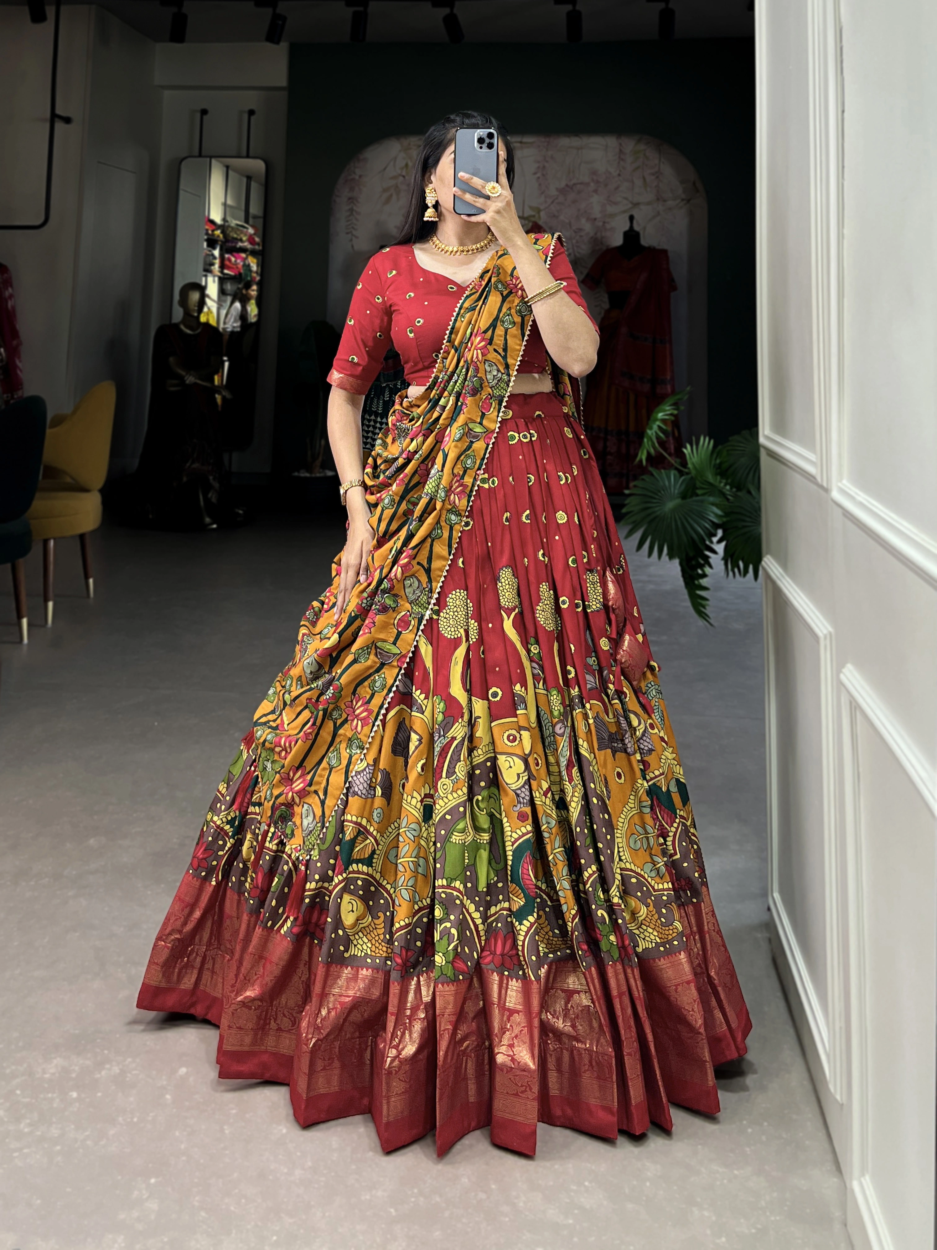 Tussar Silk Kalamkari Print Lehenga Choli-Red-4