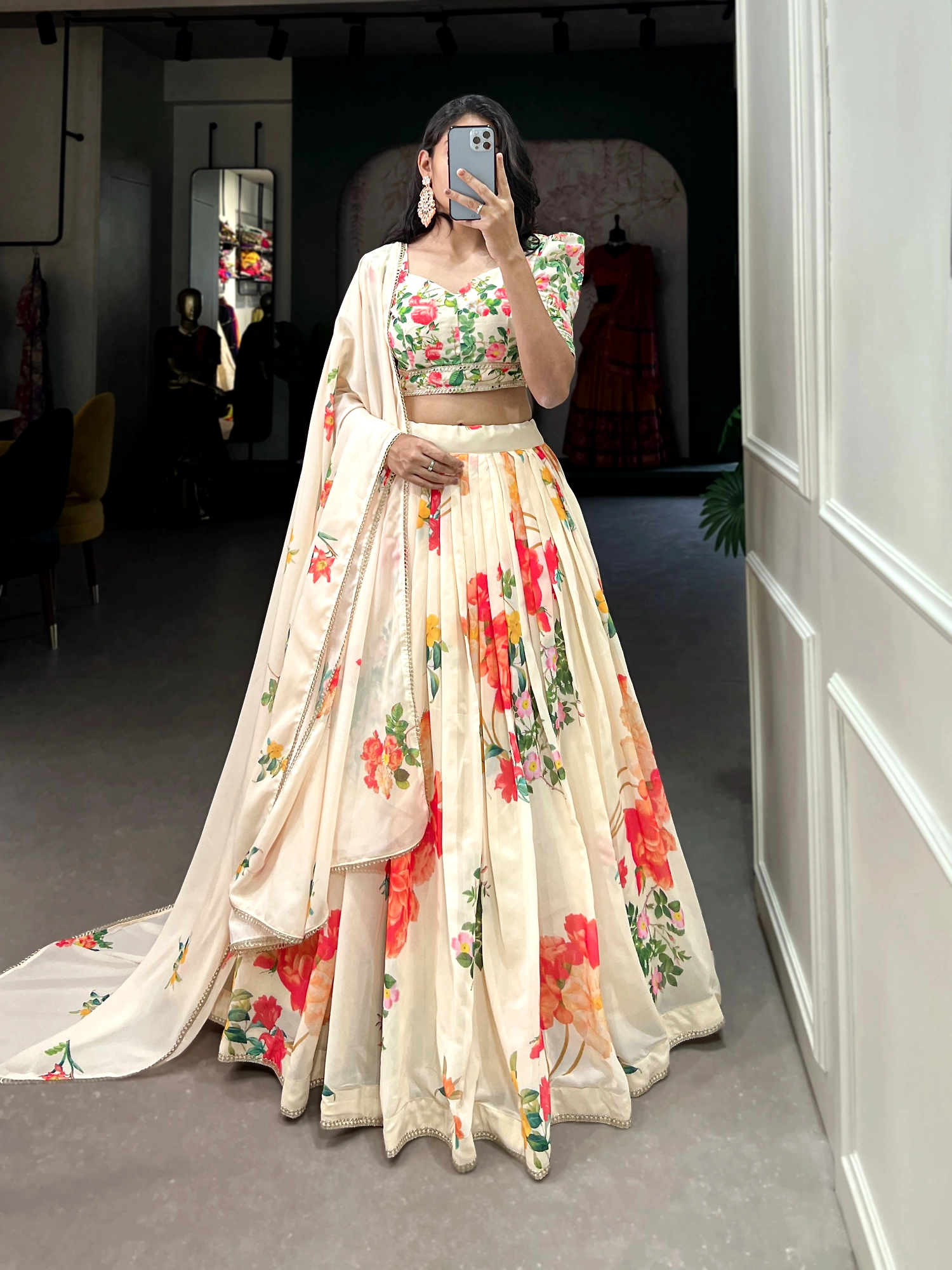 Floral Print Georgette Lehengas-Cream-1