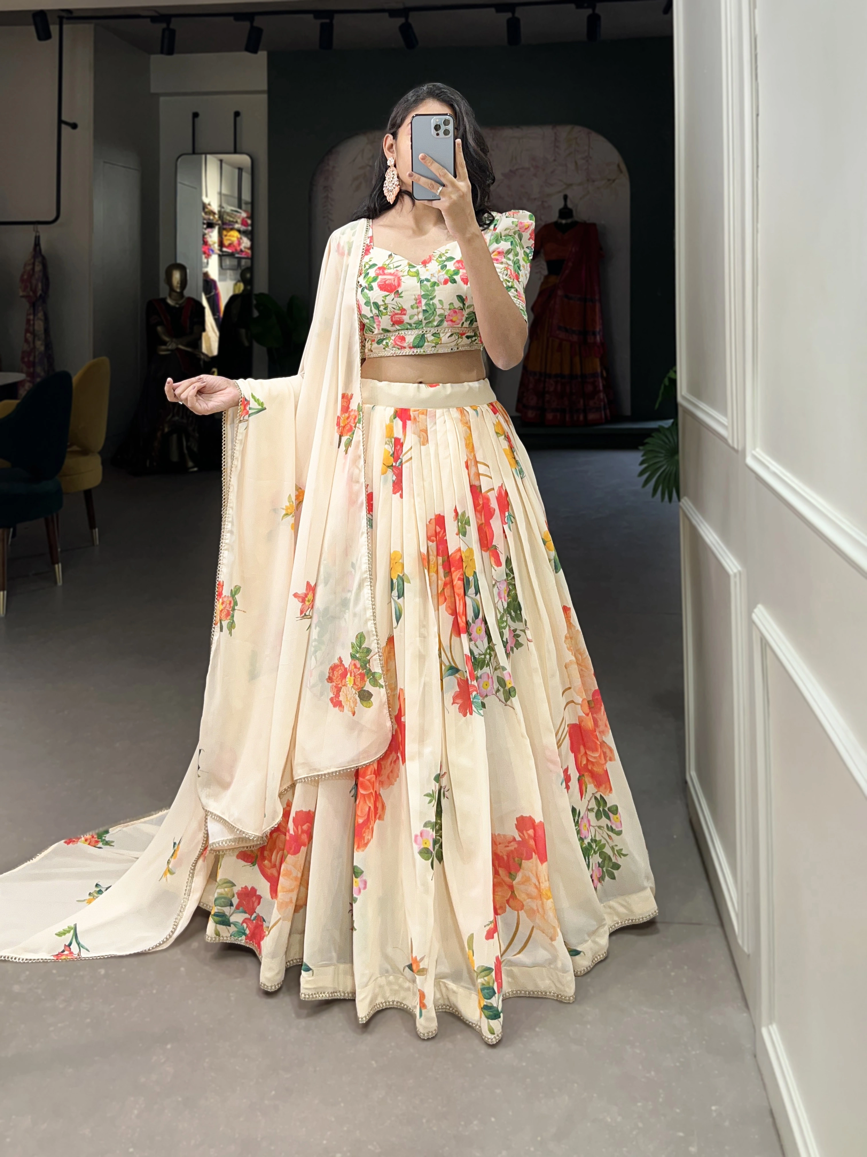 Floral Print Georgette Lehengas-Cream-2