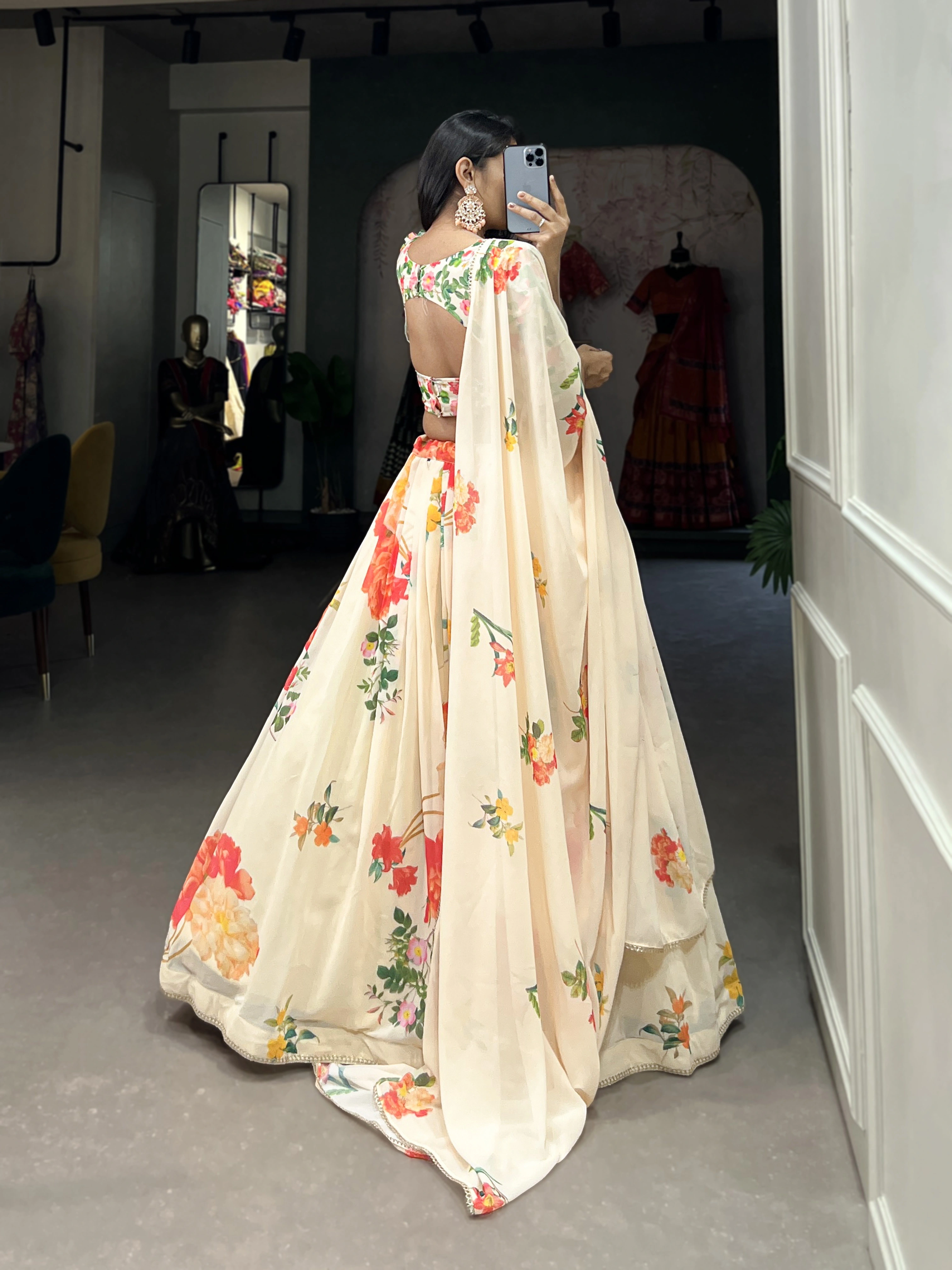 Floral Print Georgette Lehengas-Cream-3