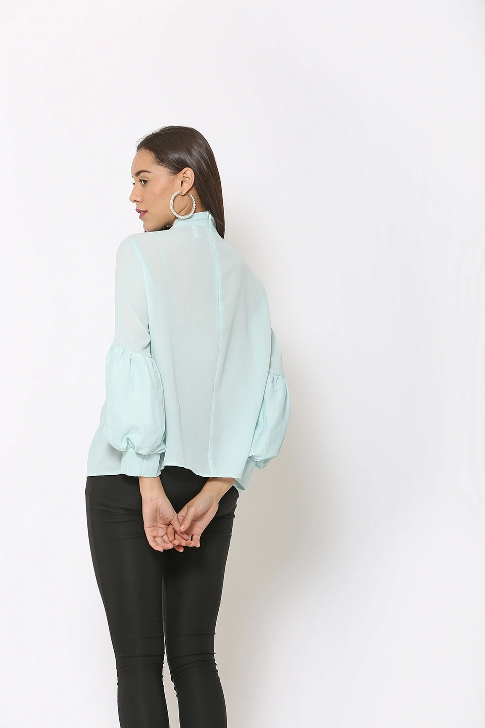 Puff Sleeve Top-Mint Blue-40 (L)-1