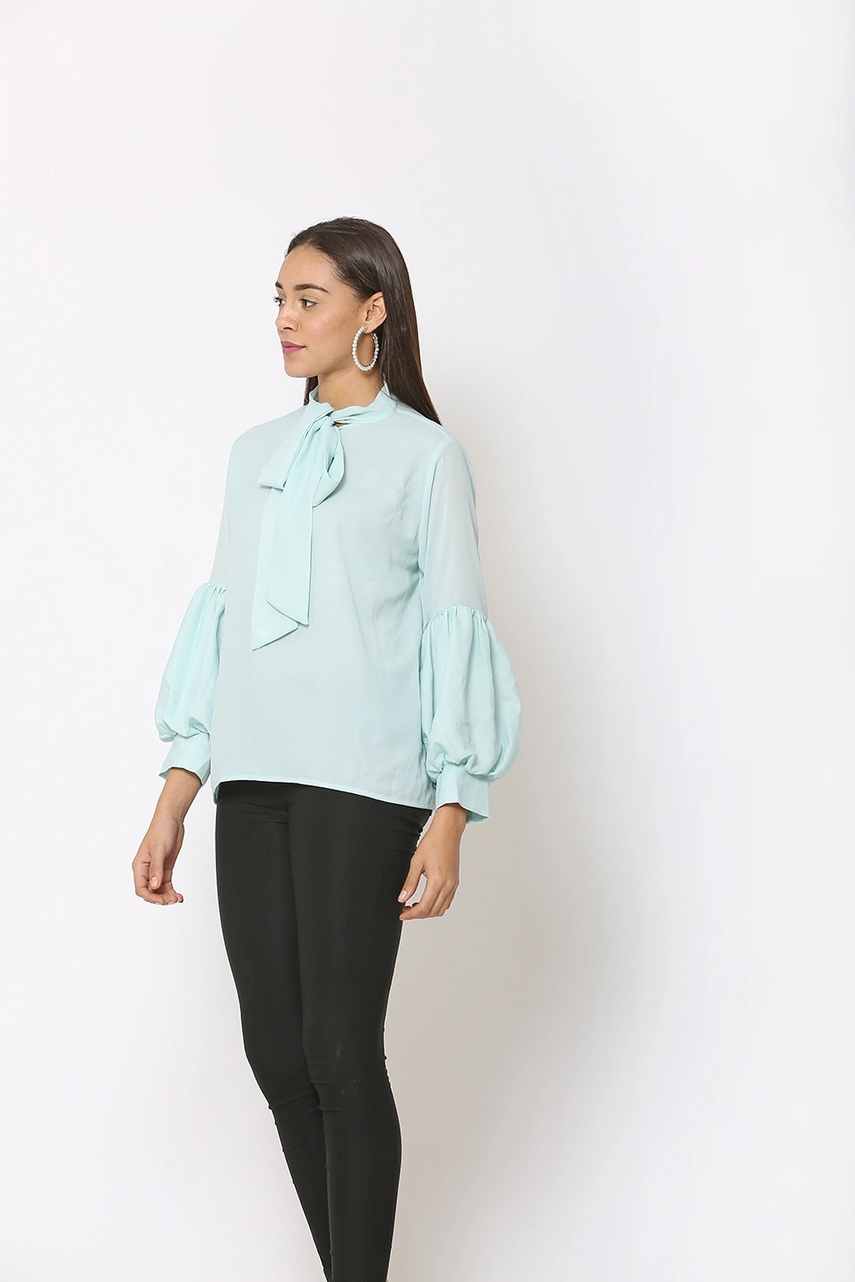 Puff Sleeve Top-Mint Blue-40 (L)-2