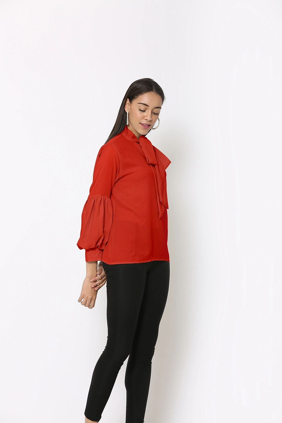 Puff Sleeve Top-Red-40 (L)-2