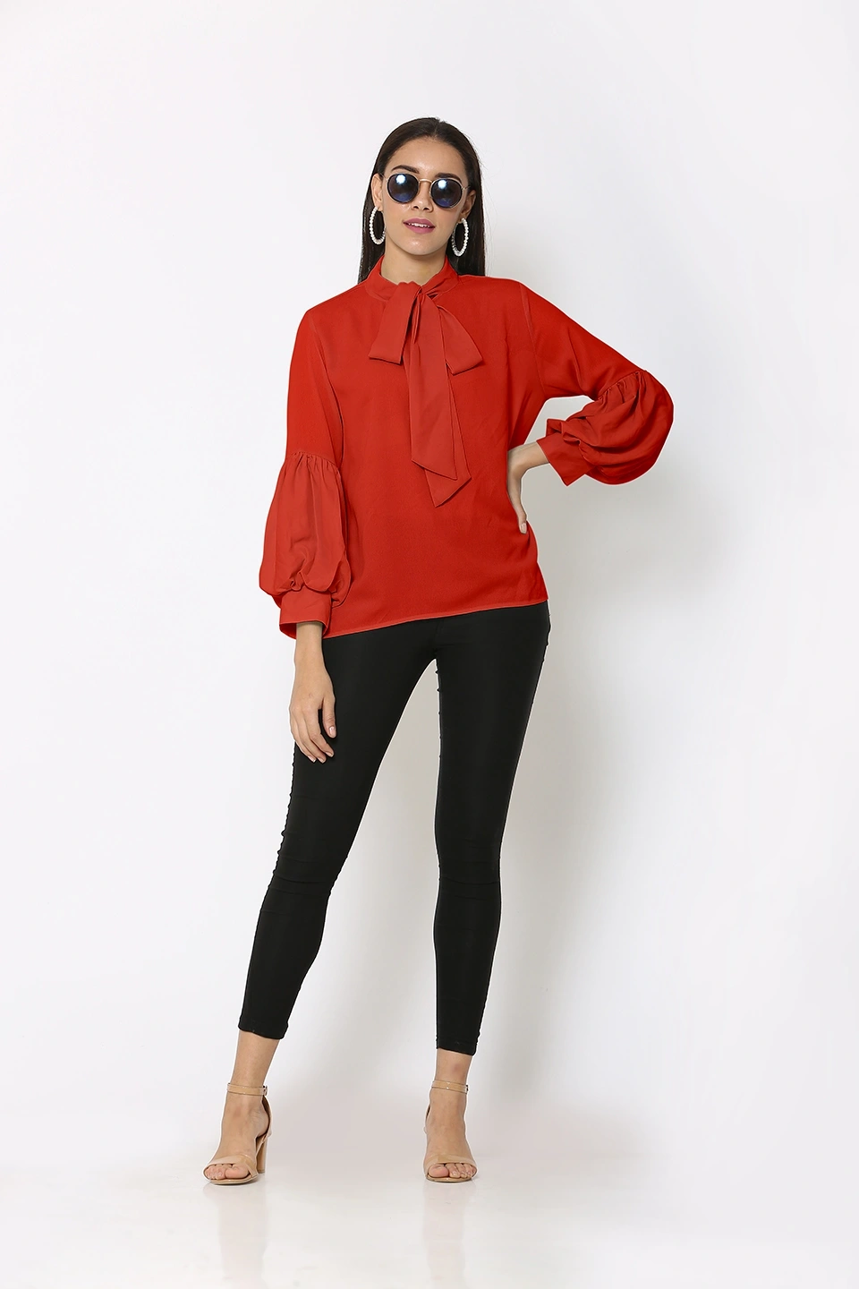 Puff Sleeve Top-Red-40 (L)-3