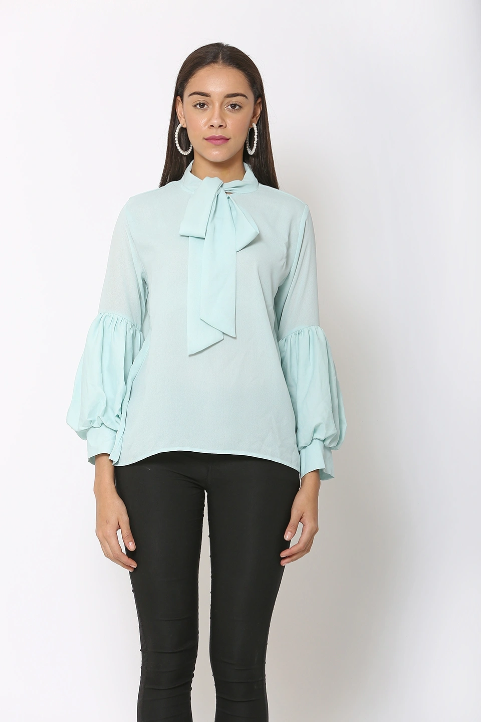 Puff Sleeve Top-Mint Blue-42 (XL)-4