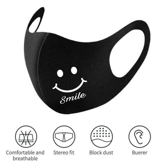 Smile Print Black Scuba Cotton Cloth Face Mask for men, women, boys, and girls, washable, reusable  12 Pcs-2