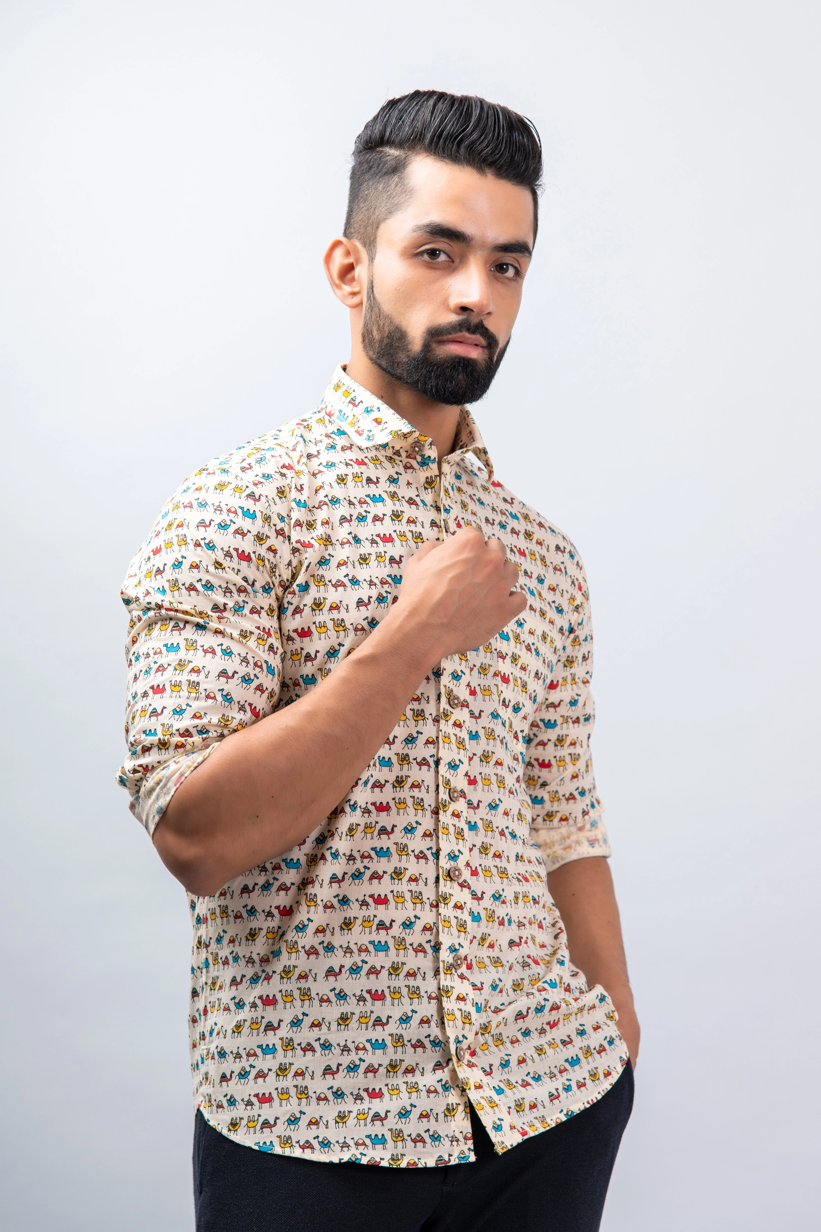 Multicolor Camel Print Cotton Shirt-S-3