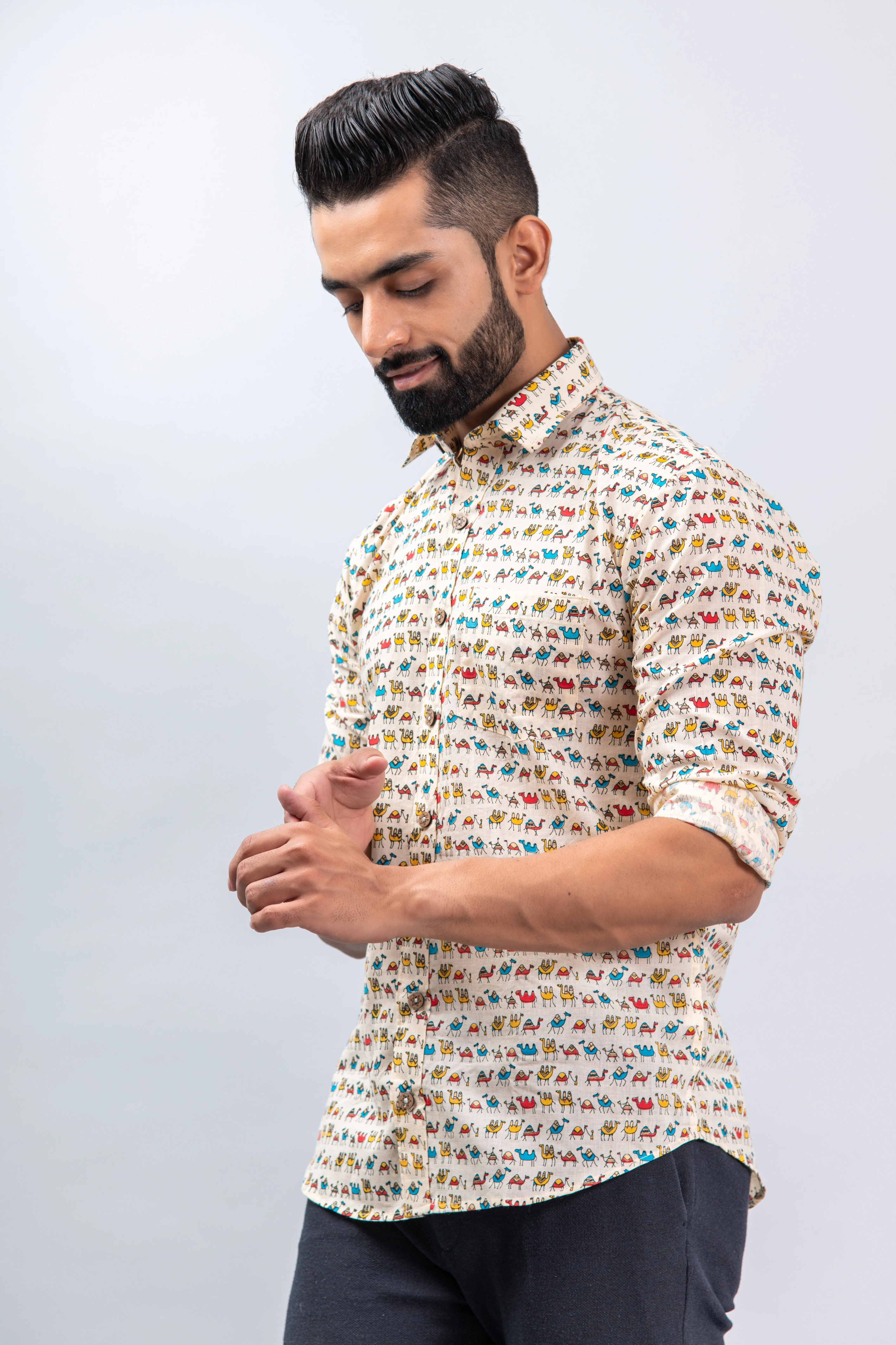 Multicolor Camel Print Cotton Shirt-S-4