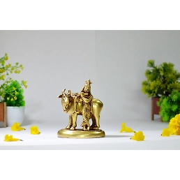 Brass Idol of Krishna Playing Flute with Cow