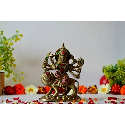 Goddess Durga brass idol sitting on lion