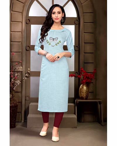 Voolka Sky Blue Cotton Hand Embroidered Kurti-12371712