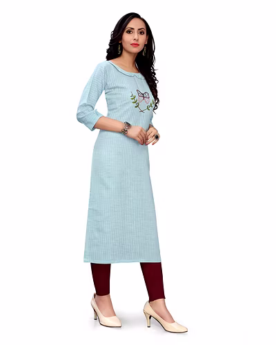 Voolka Sky Blue Cotton Hand Embroidered Kurti-2