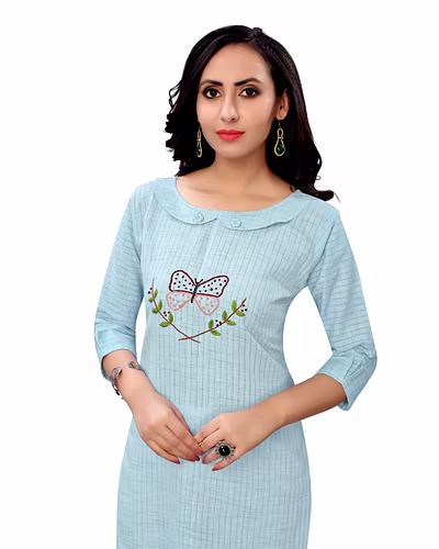 Voolka Sky Blue Cotton Hand Embroidered Kurti-4