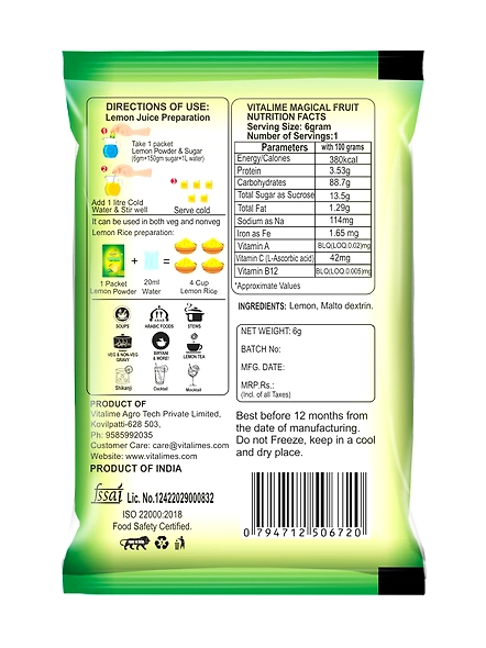 Vitalime Lemon Drink Powder | All Natural freeze Dried lemon juice powder| 100% Water Soluble | Best for Flavoring,5g(Pack of 24)-6