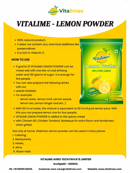 Vitalime Lemon Nannari Juice Powder | All Natural freeze Dried lemon juice powder| 100% Water Soluble | Best for Flavoring,5g(Pack of 10)-7