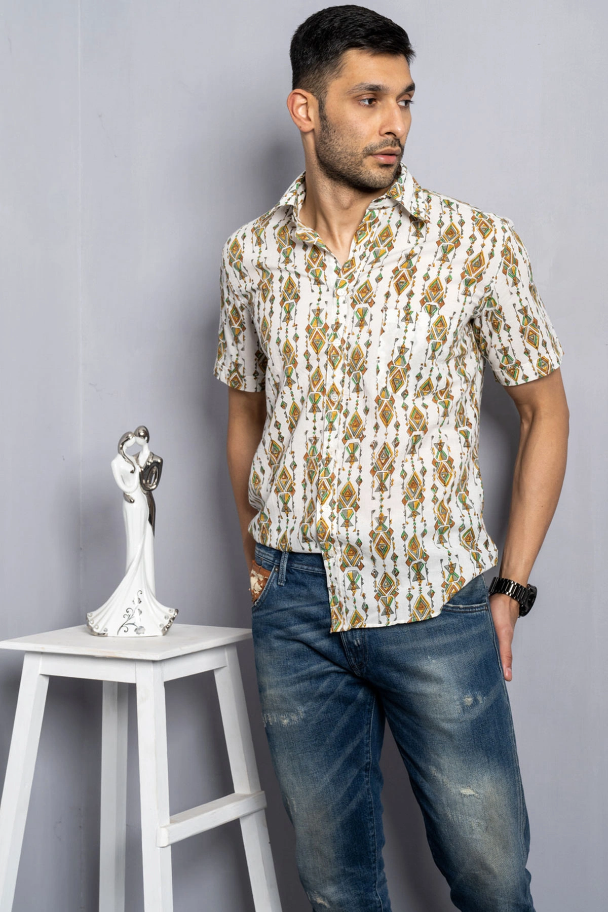 Off white color in Gujrati kandeel print cotton shirt handblock-12379980