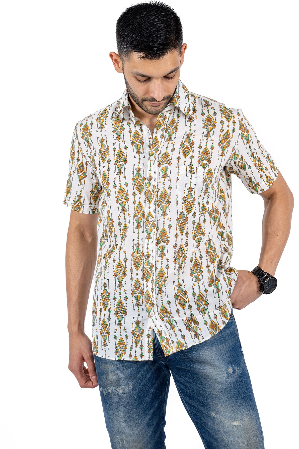 Off white color in Gujrati kandeel print cotton shirt handblock-2