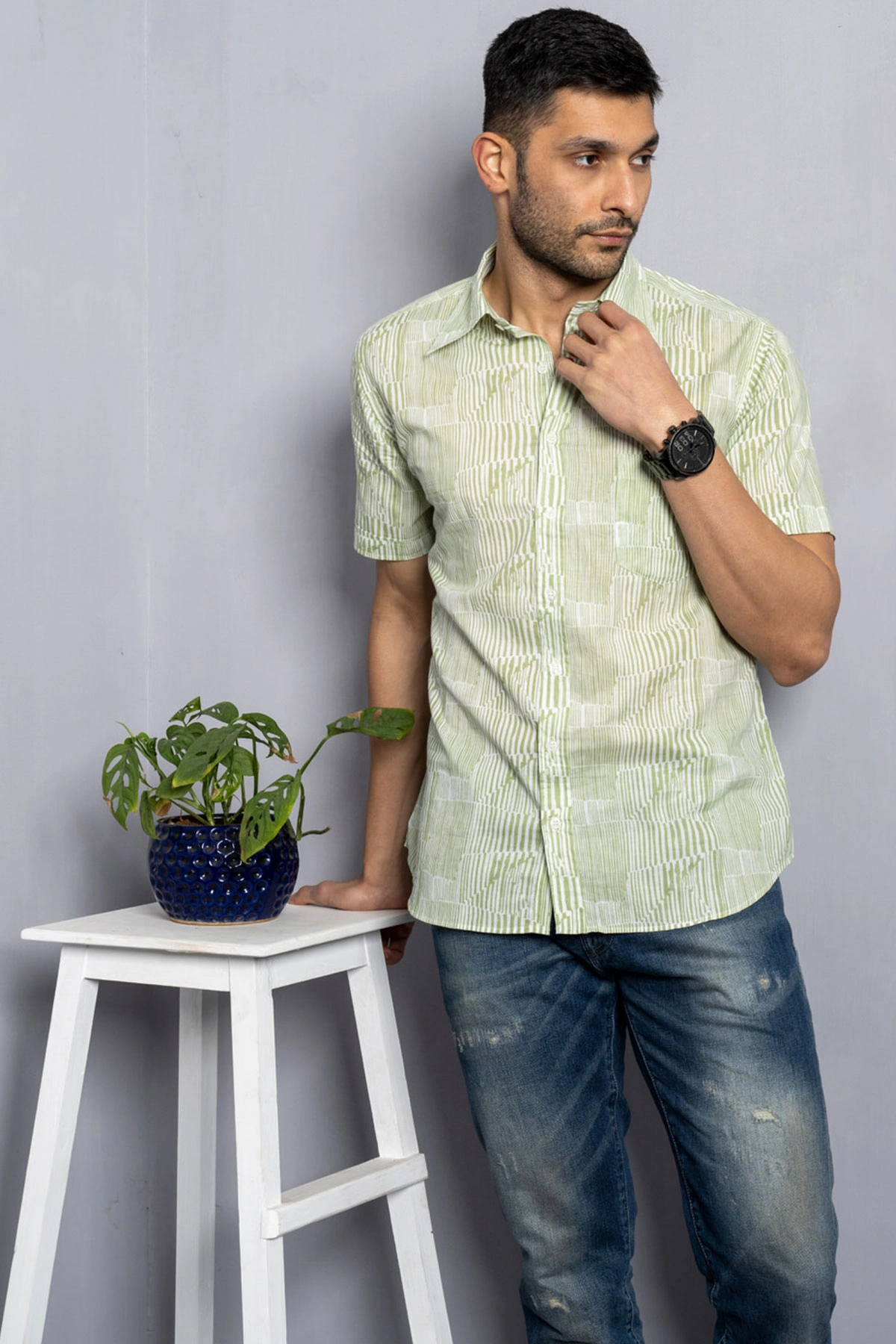 Green Lines print cotton shirt for summers half sleeves-5