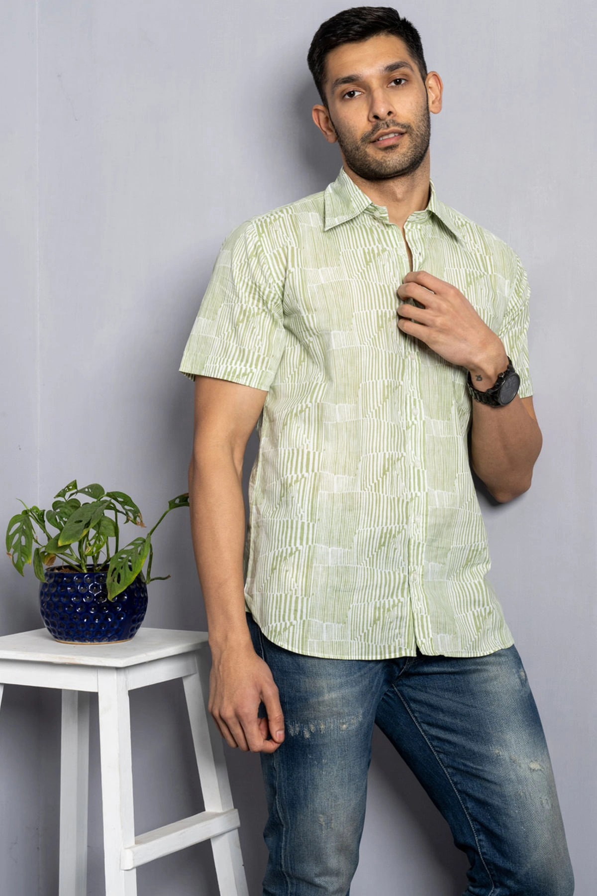 Green Lines print cotton shirt for summers half sleeves-7