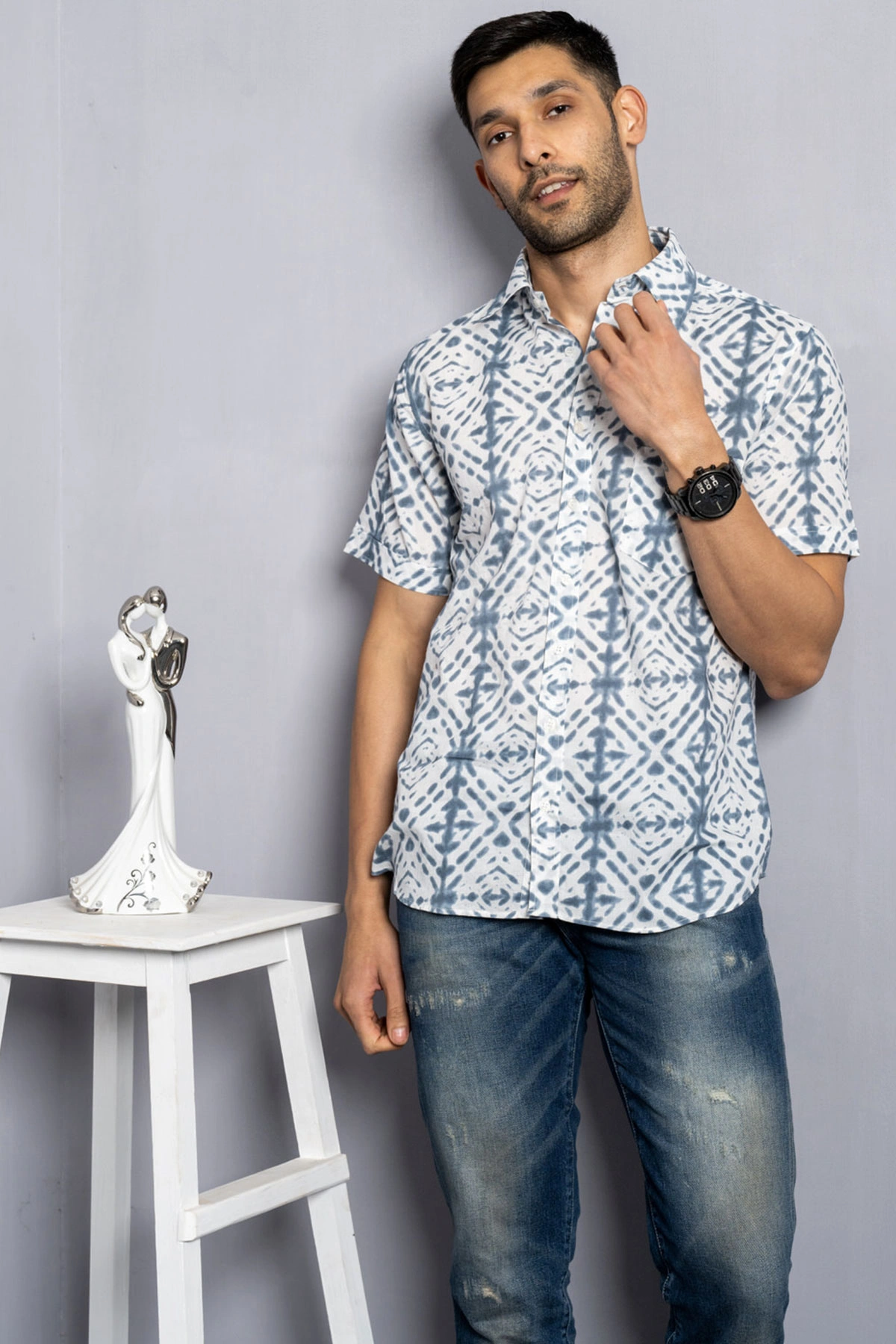 White color grey Tie n dye print cotton shirt half sleeves-3