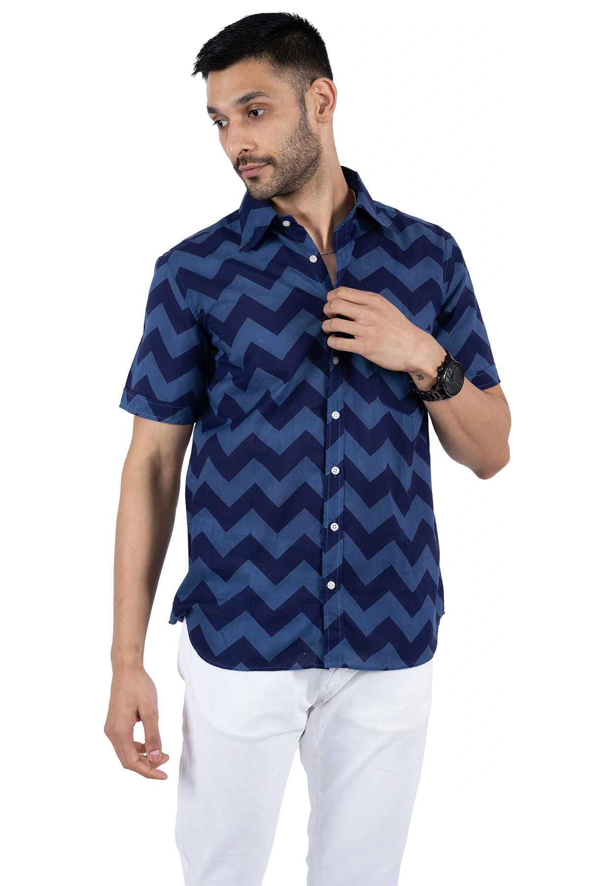 Blue color Chevron print cotton shirt half sleeves-12380068