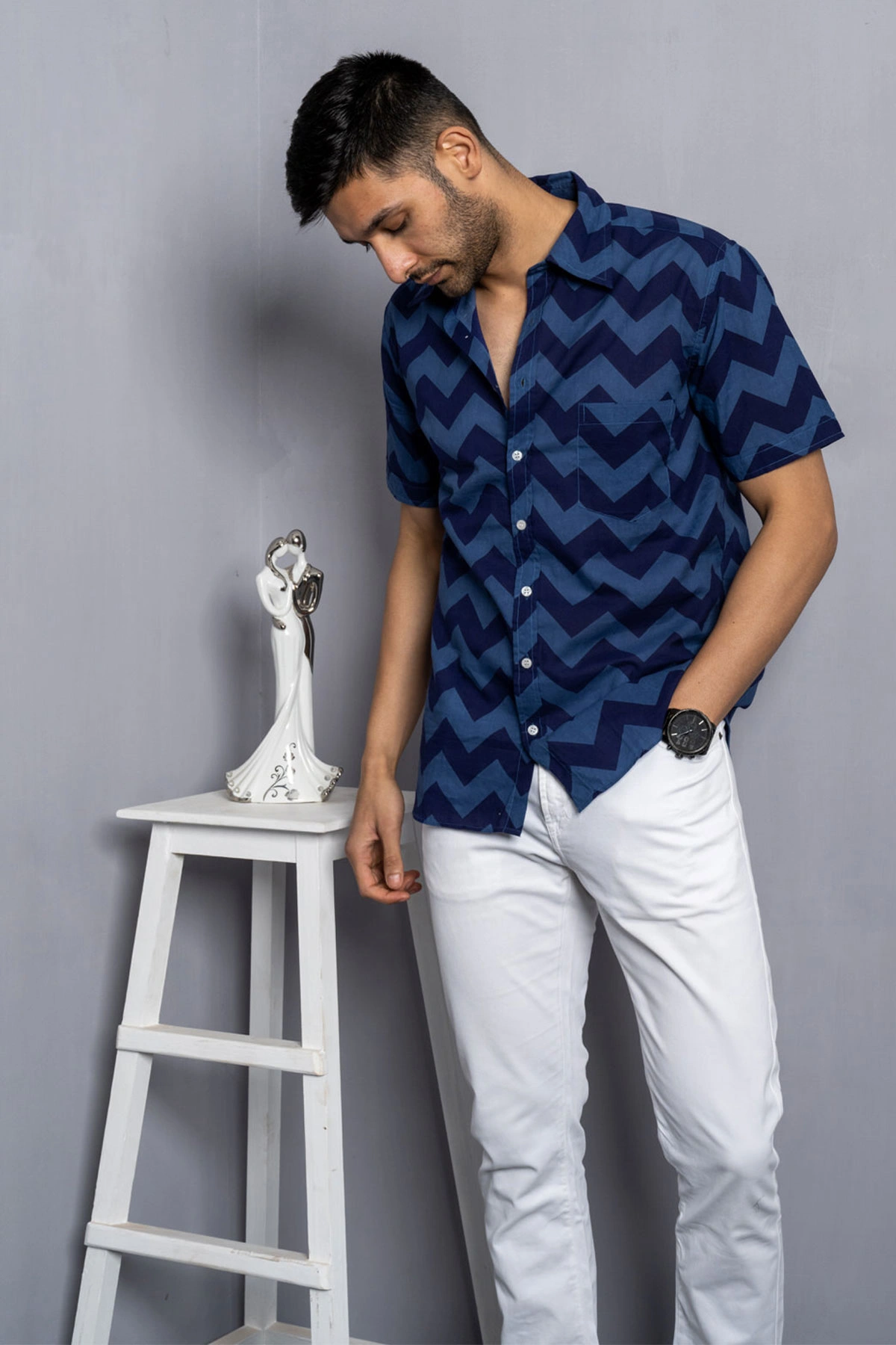 Blue color Chevron print cotton shirt half sleeves-1