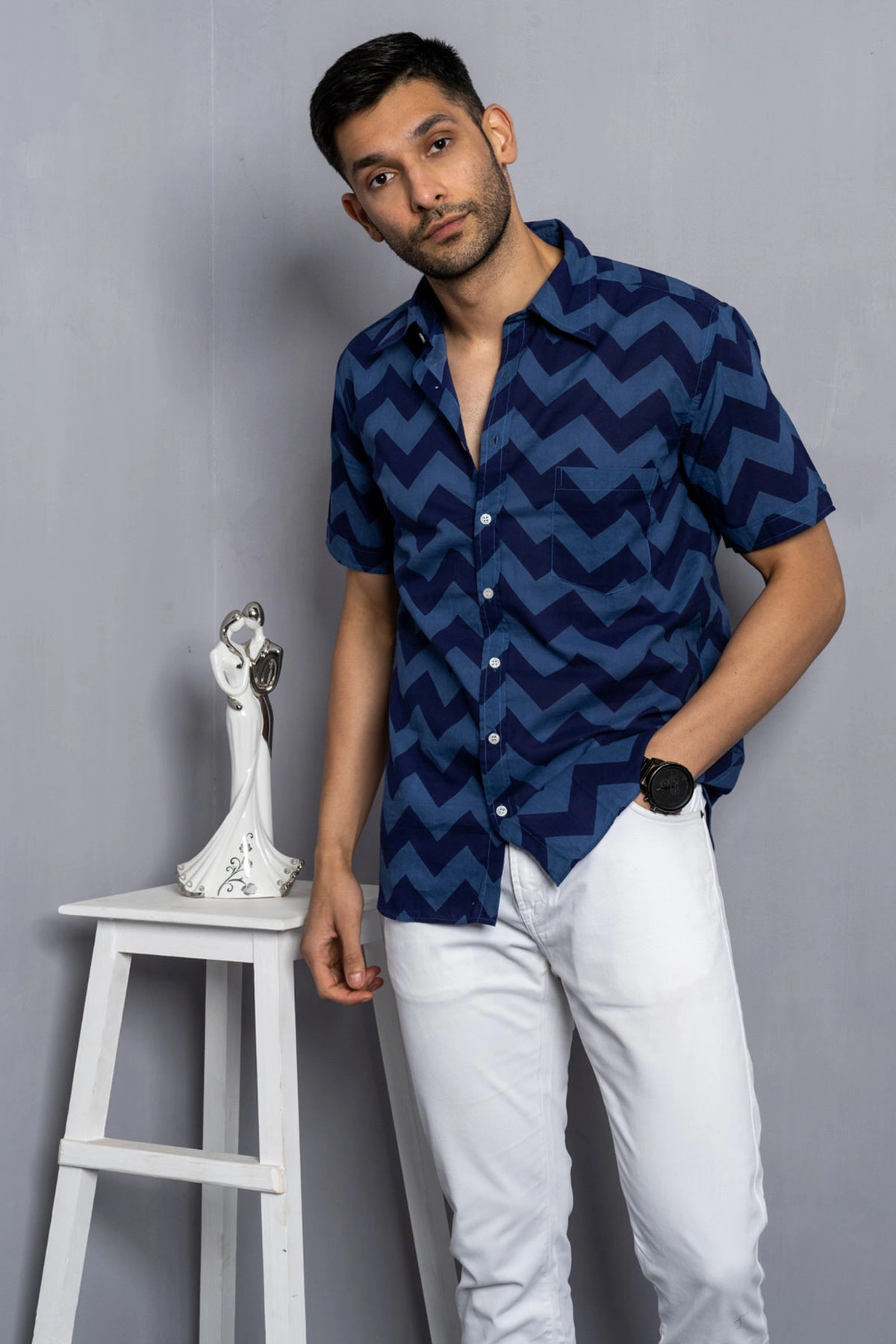 Blue color Chevron print cotton shirt half sleeves-2