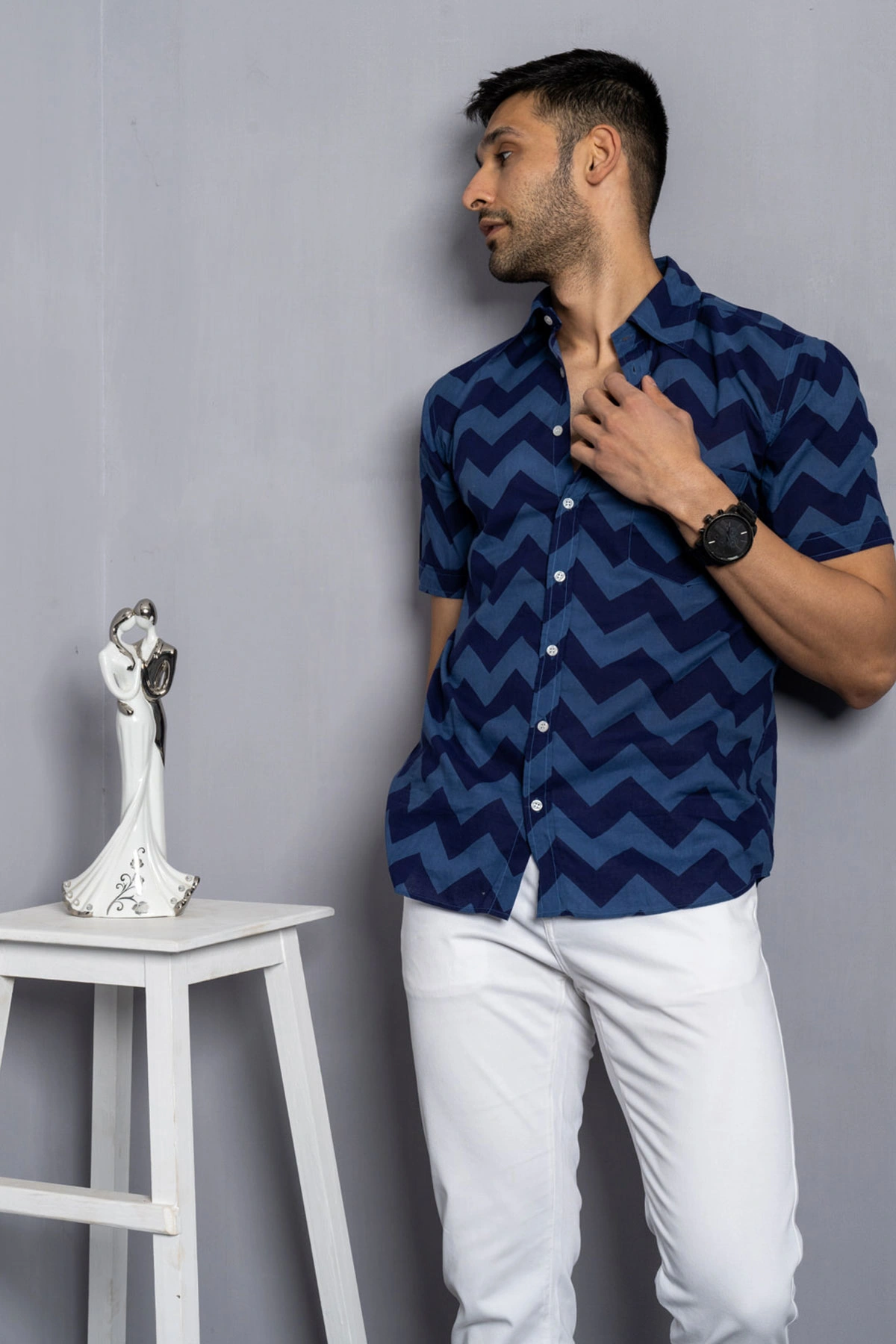 Blue color Chevron print cotton shirt half sleeves-3