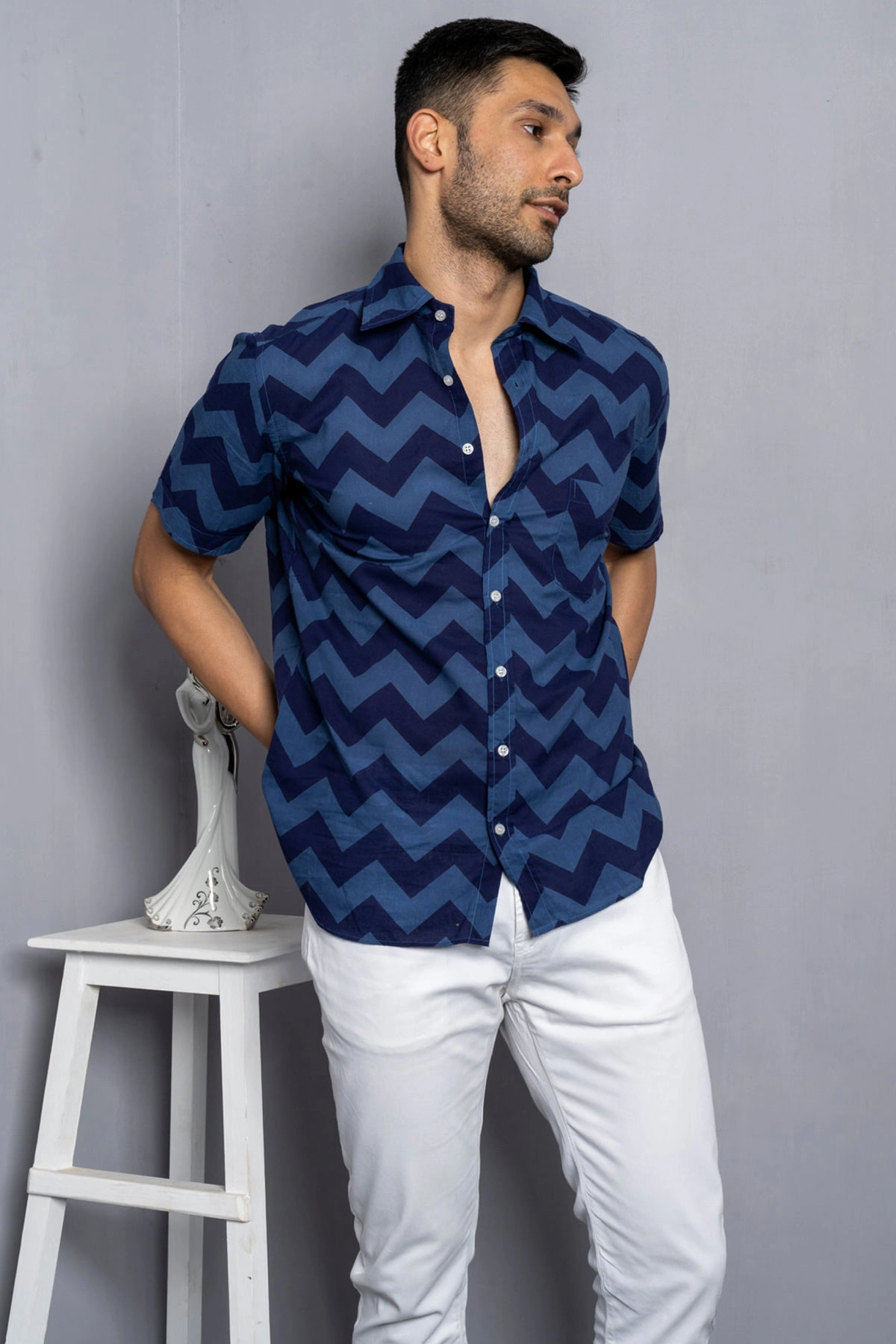 Blue color Chevron print cotton shirt half sleeves-4