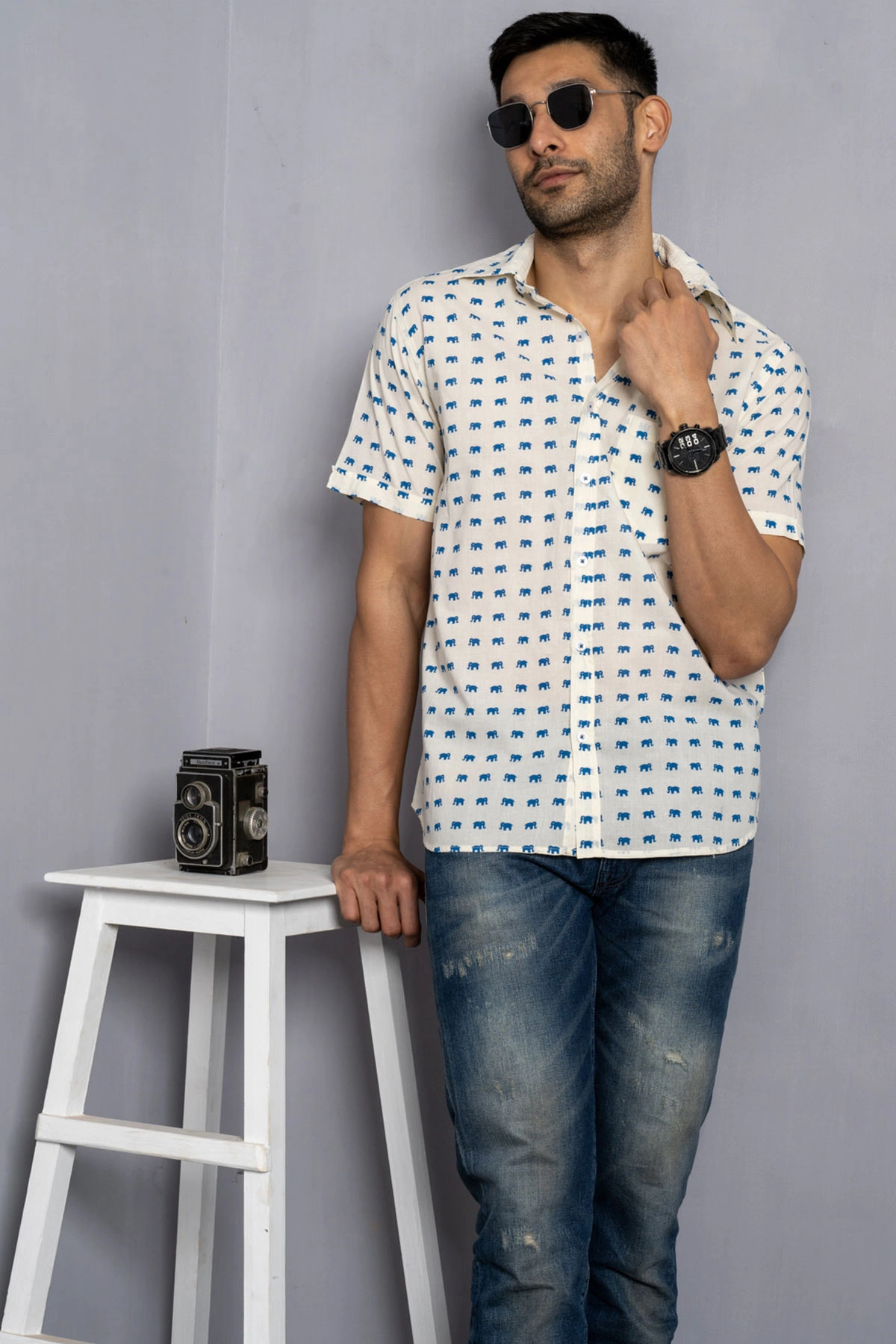 Cream color shirt with blue elephant print cotton shirt half sleeves-12380098