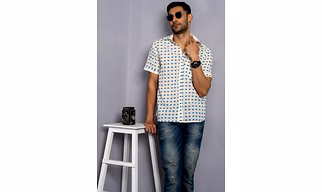 Cream color shirt with blue elephant print cotton shirt half sleeves