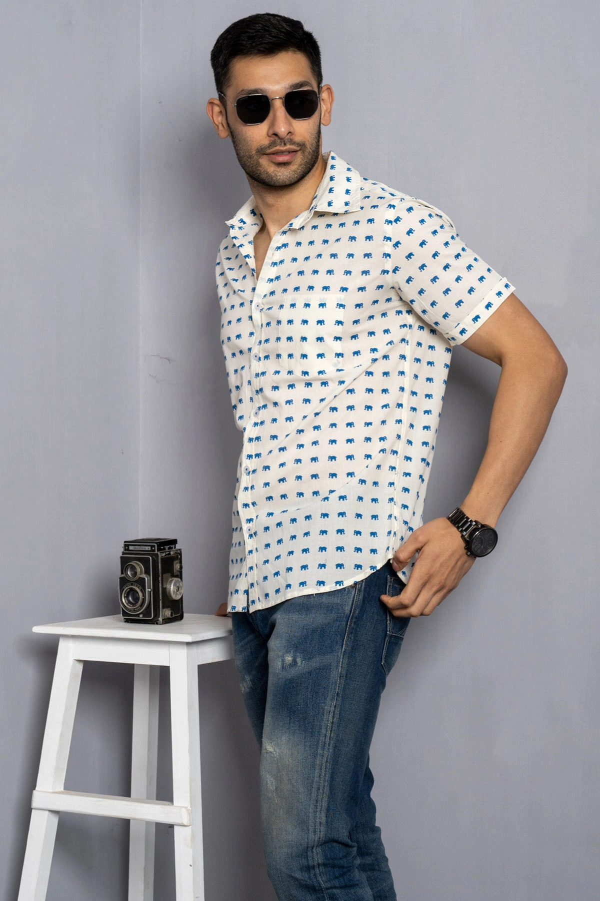 Cream color shirt with blue elephant print cotton shirt half sleeves-1