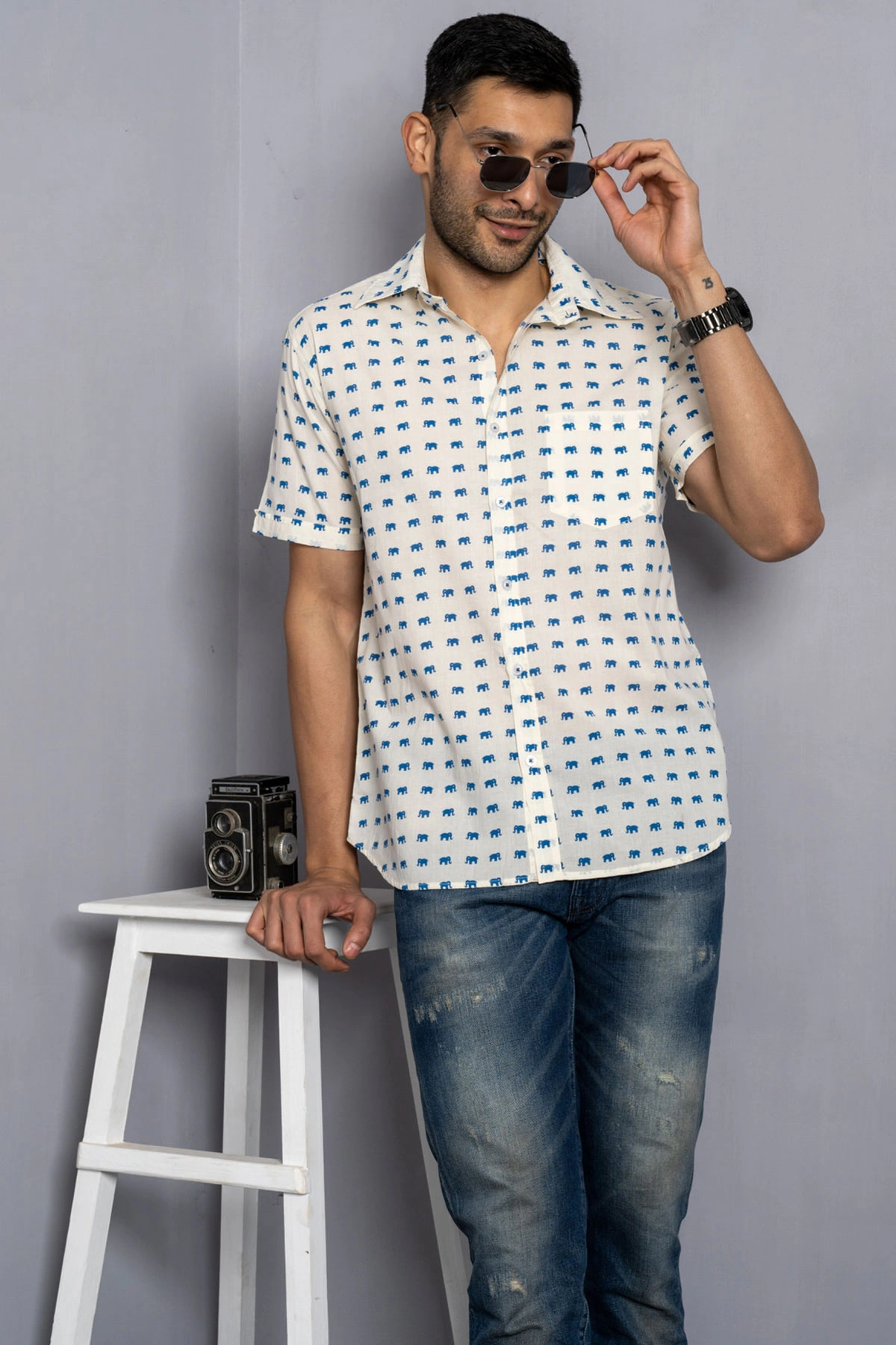 Cream color shirt with blue elephant print cotton shirt half sleeves-2