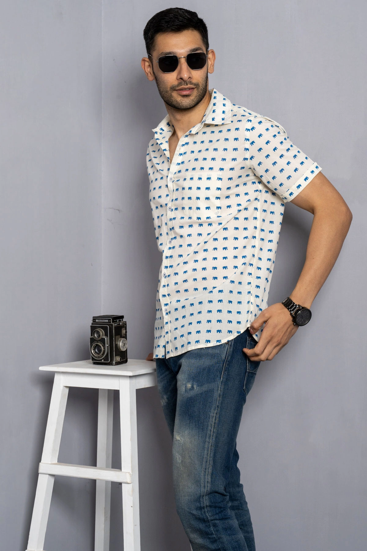 Cream color shirt with blue elephant print cotton shirt half sleeves-3