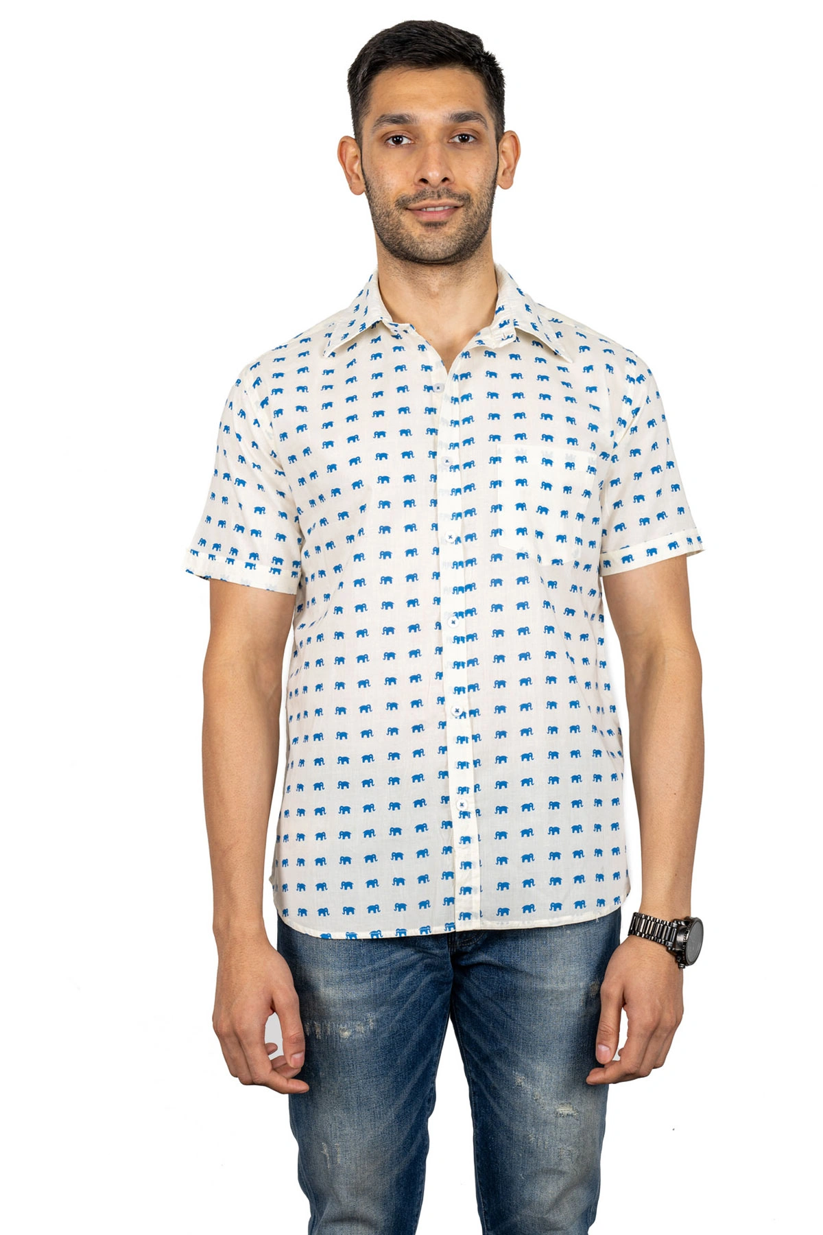 Cream color shirt with blue elephant print cotton shirt half sleeves-4