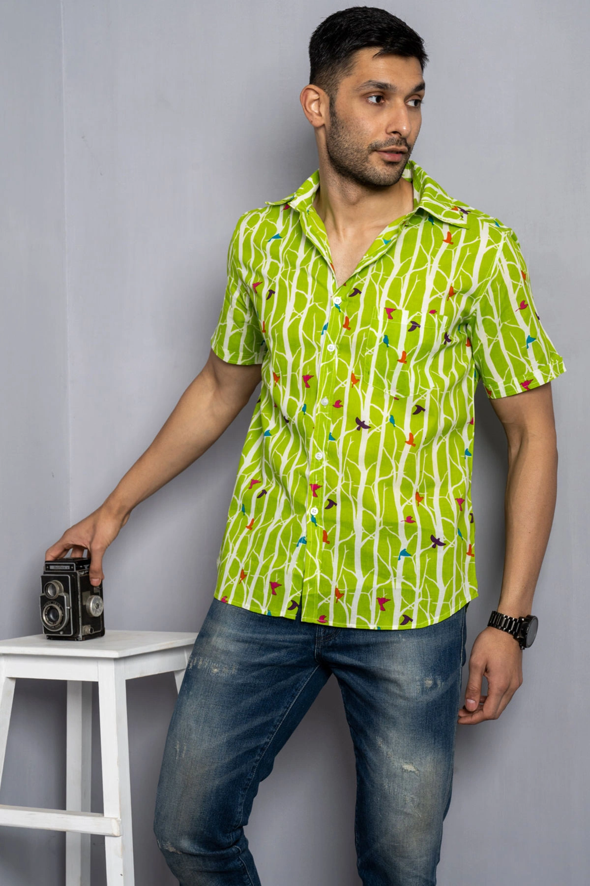 Light green Bird print cotton shirt half sleeves-12380106