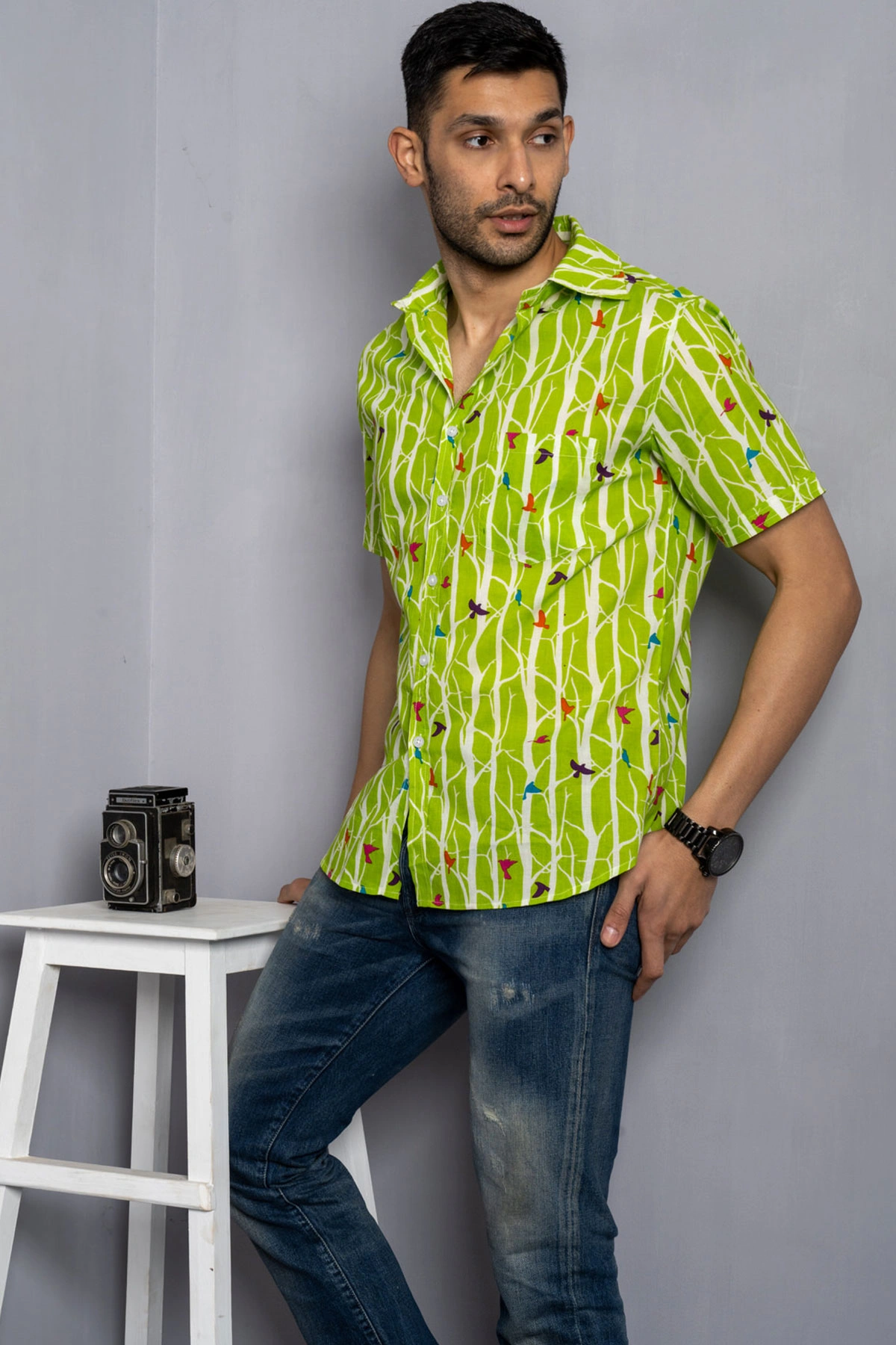 Light green Bird print cotton shirt half sleeves-2