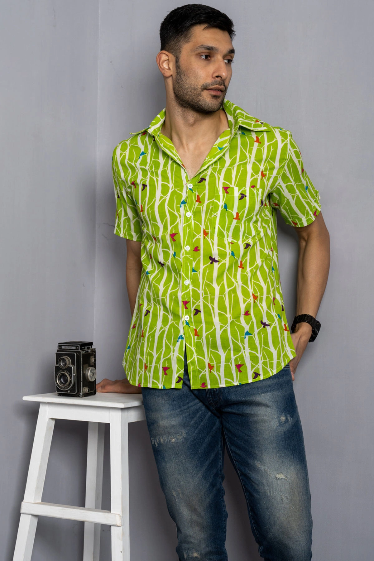 Light green Bird print cotton shirt half sleeves-3