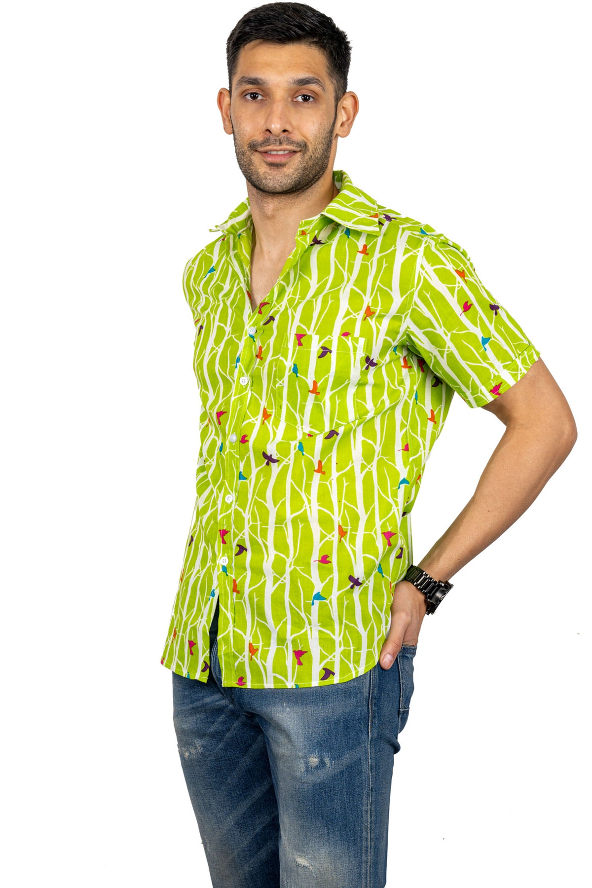 Light green Bird print cotton shirt half sleeves-4