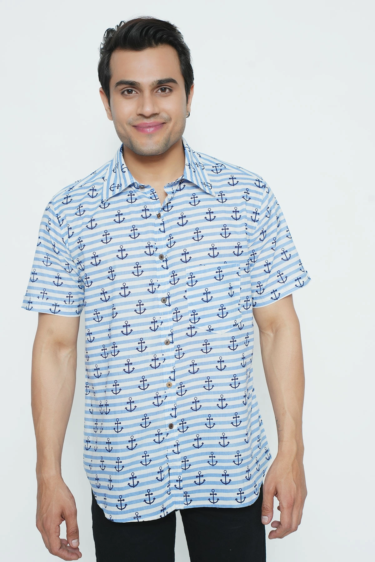 Blue color Ship Anchor print cotton shirt half sleeves-4