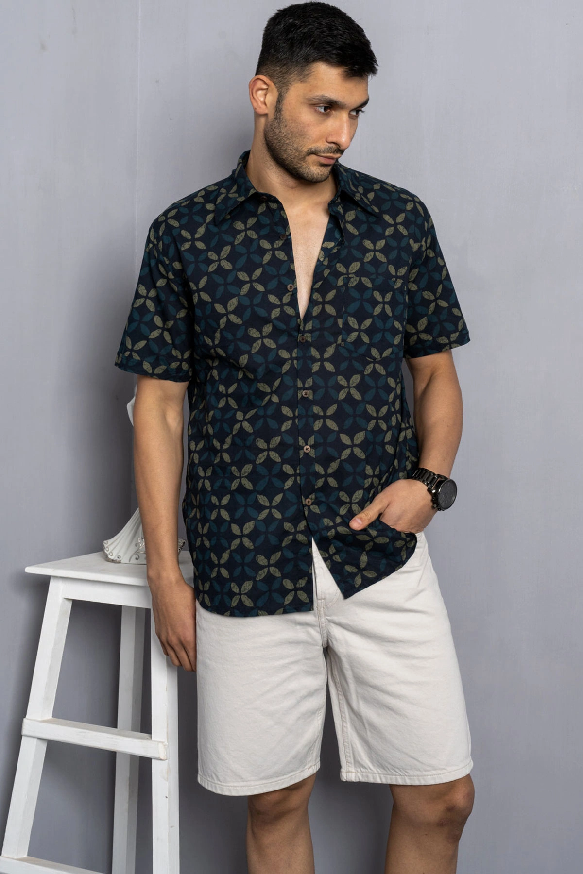 Dark blue leaf print cotton shirt half sleeves-1